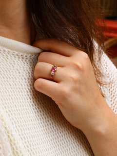 Yellow gold, pink sapphires and old mine cut diamonds garter ring