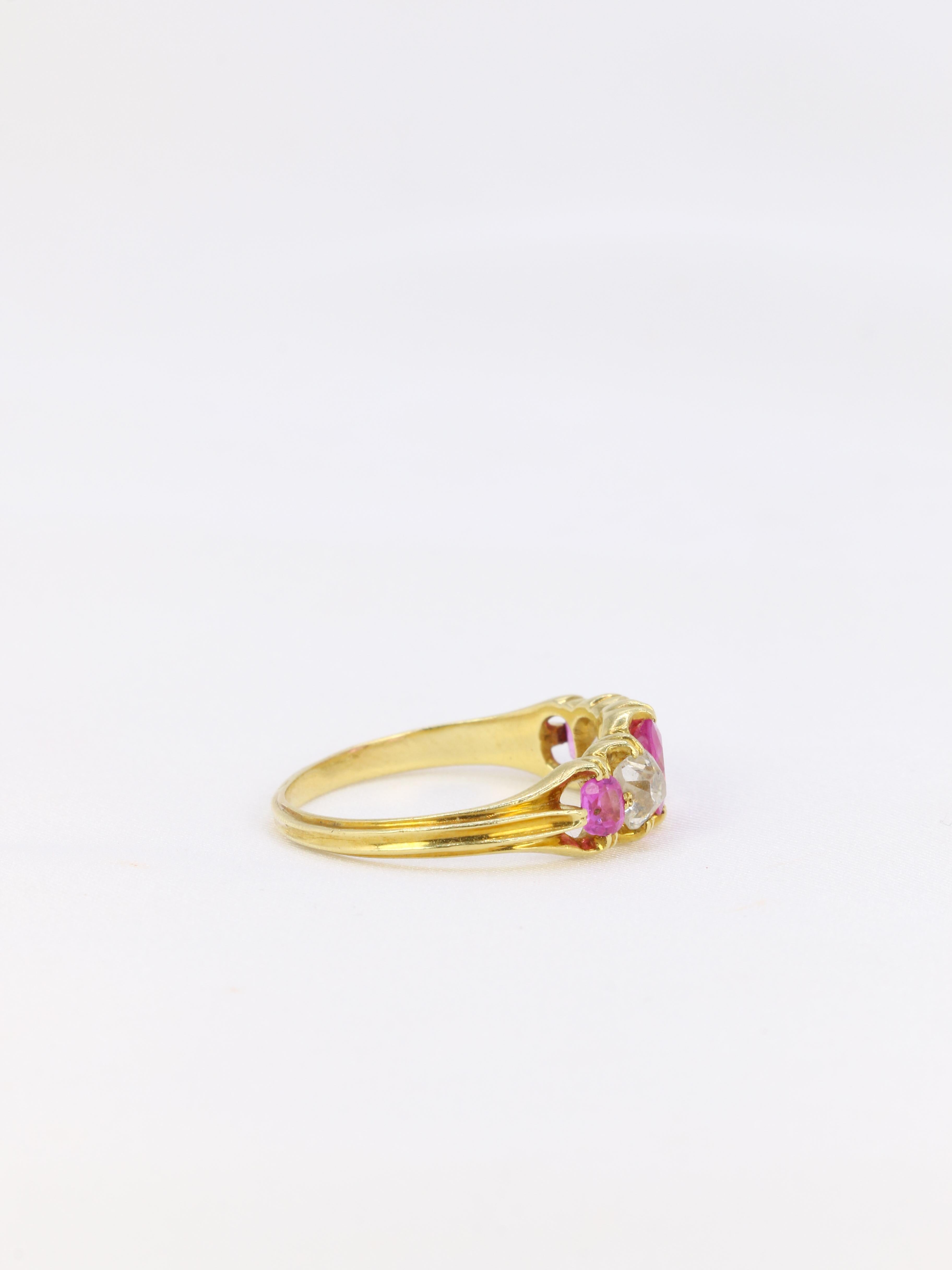 Victorian Yellow gold, pink sapphires and old mine cut diamonds garter ring For Sale