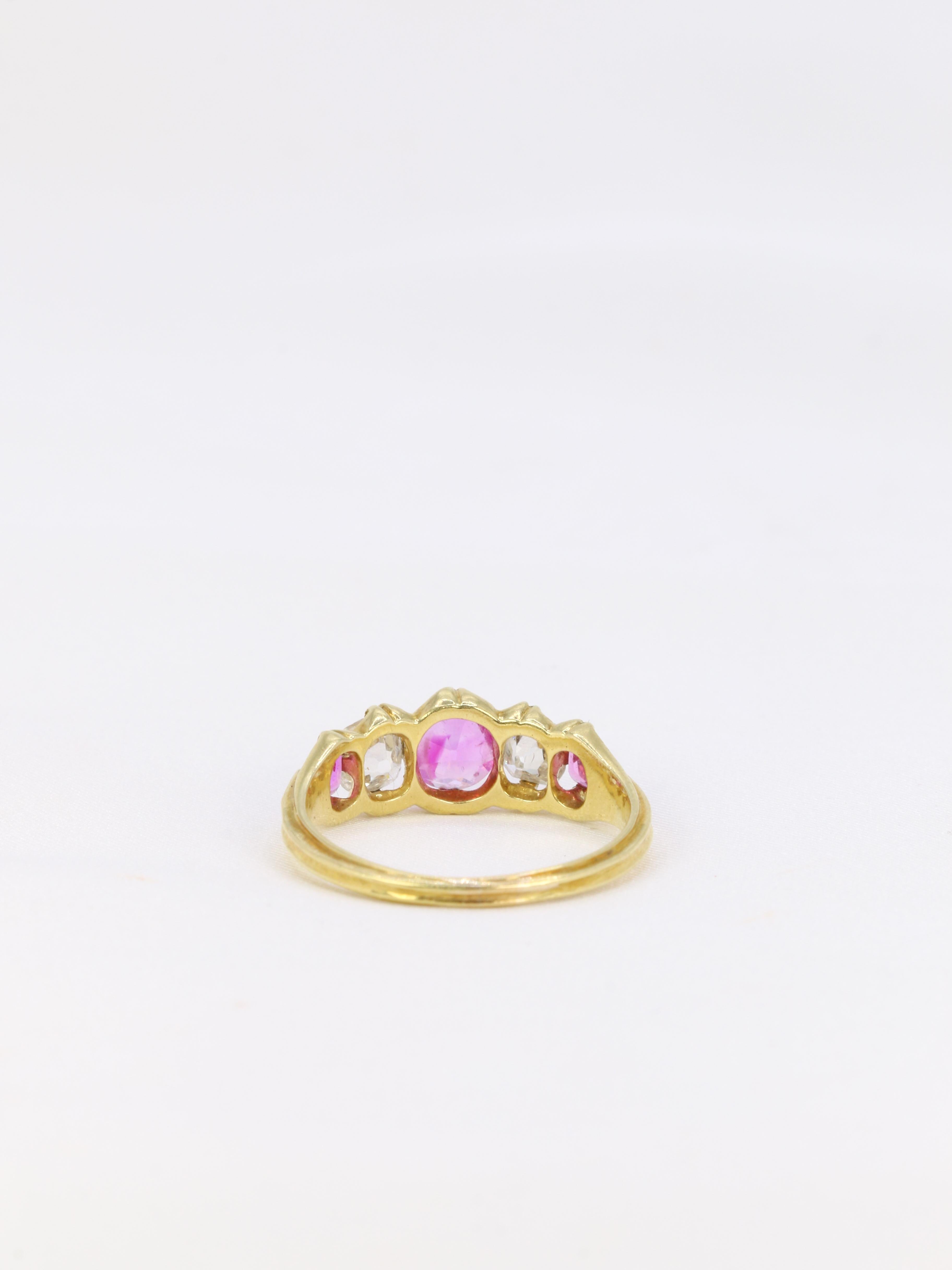 Old Mine Cut Yellow gold, pink sapphires and old mine cut diamonds garter ring For Sale