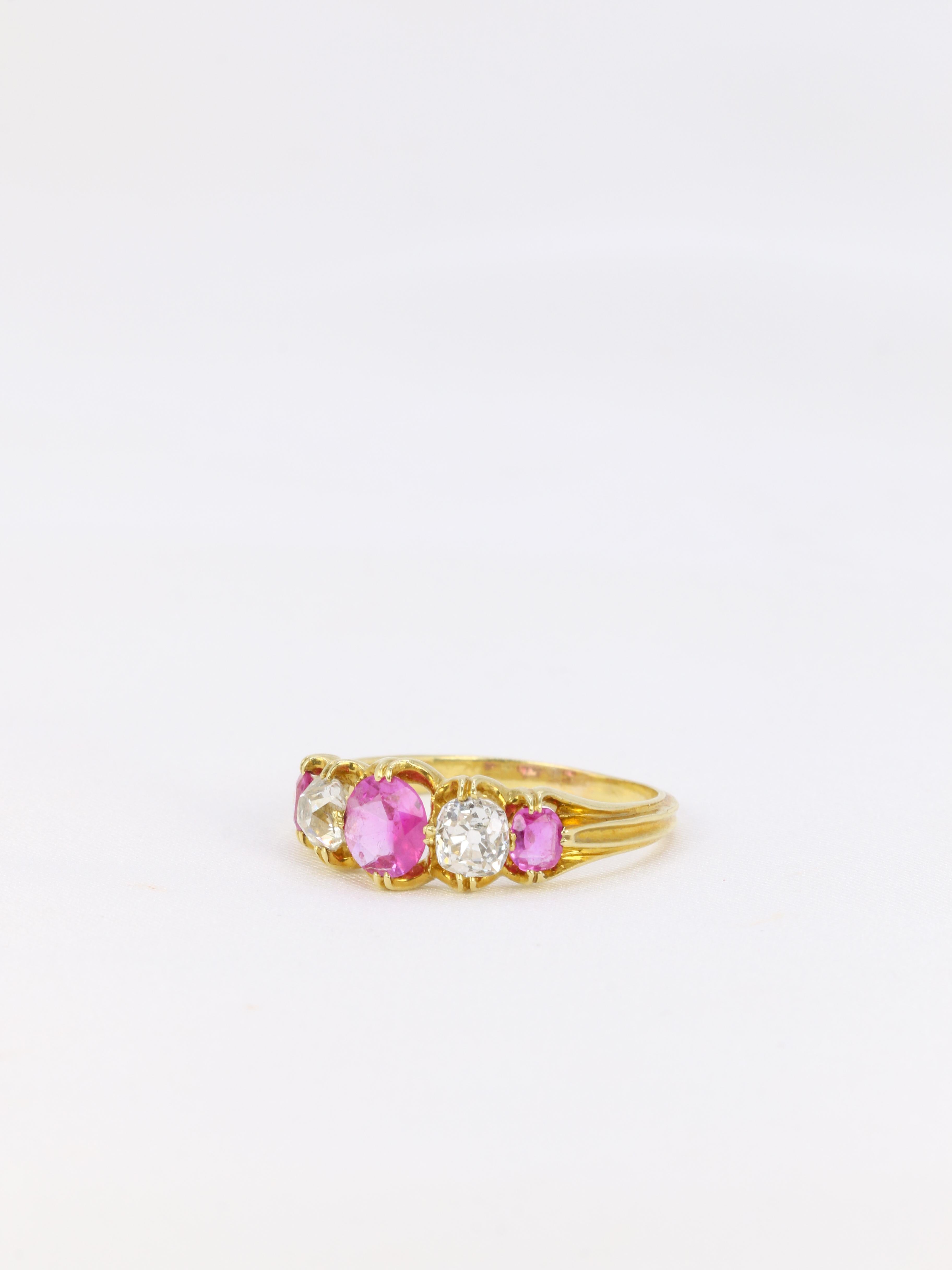 Women's Yellow gold, pink sapphires and old mine cut diamonds garter ring For Sale