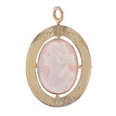 Yellow Gold Pink Shell Vintage Brooch/Pendant - 10k Carved Cameo Silhouette Pin
