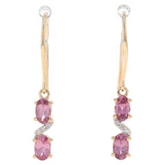Yellow Gold Pink Topaz & Diamond Dangle Earrings - 9k Oval 1.14ctw Pierced