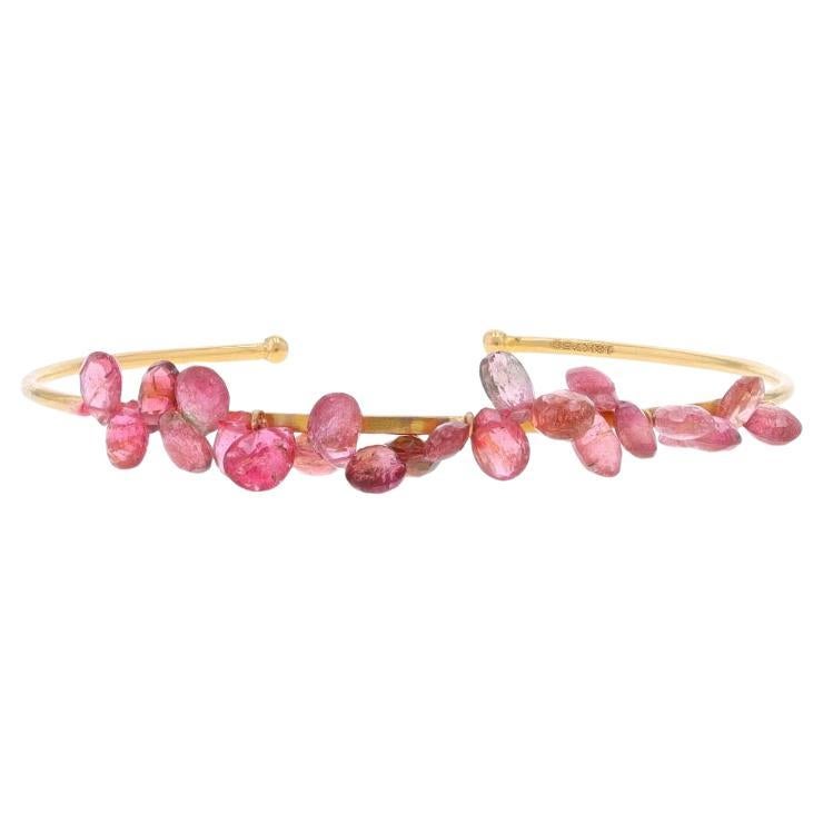 Yellow Gold Pink Tourmaline Cuff Bracelet 7 1/4" - 18k Briolette For Sale