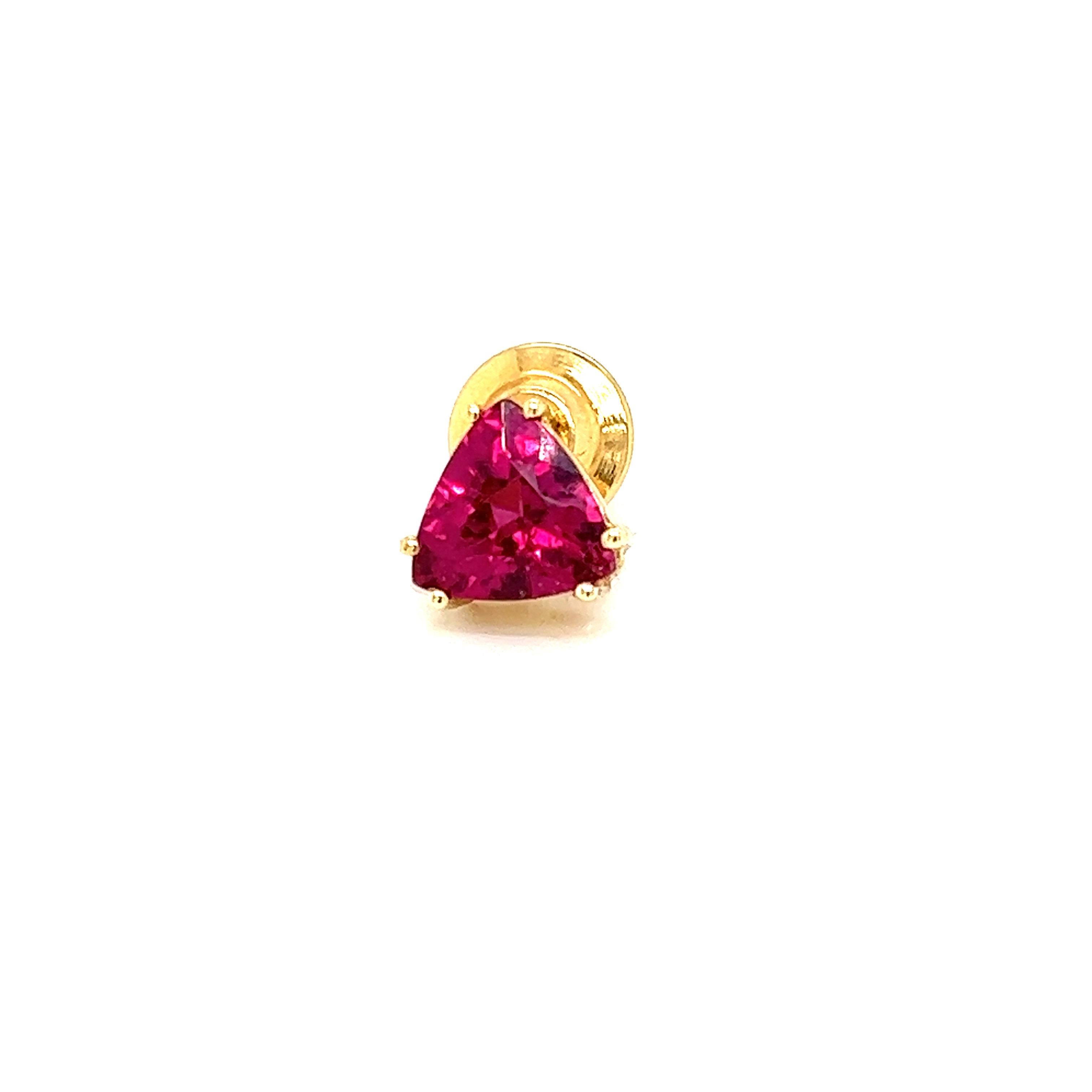 Elevate your style with this stunning Pink Tourmaline Rubellite Trillion Lapel Pin/Tie Tack, exquisitely set in 18k Yellow Gold. This unique accessory combines the allure of a rare pink tourmaline gemstone with the timeless elegance of fine jewelry