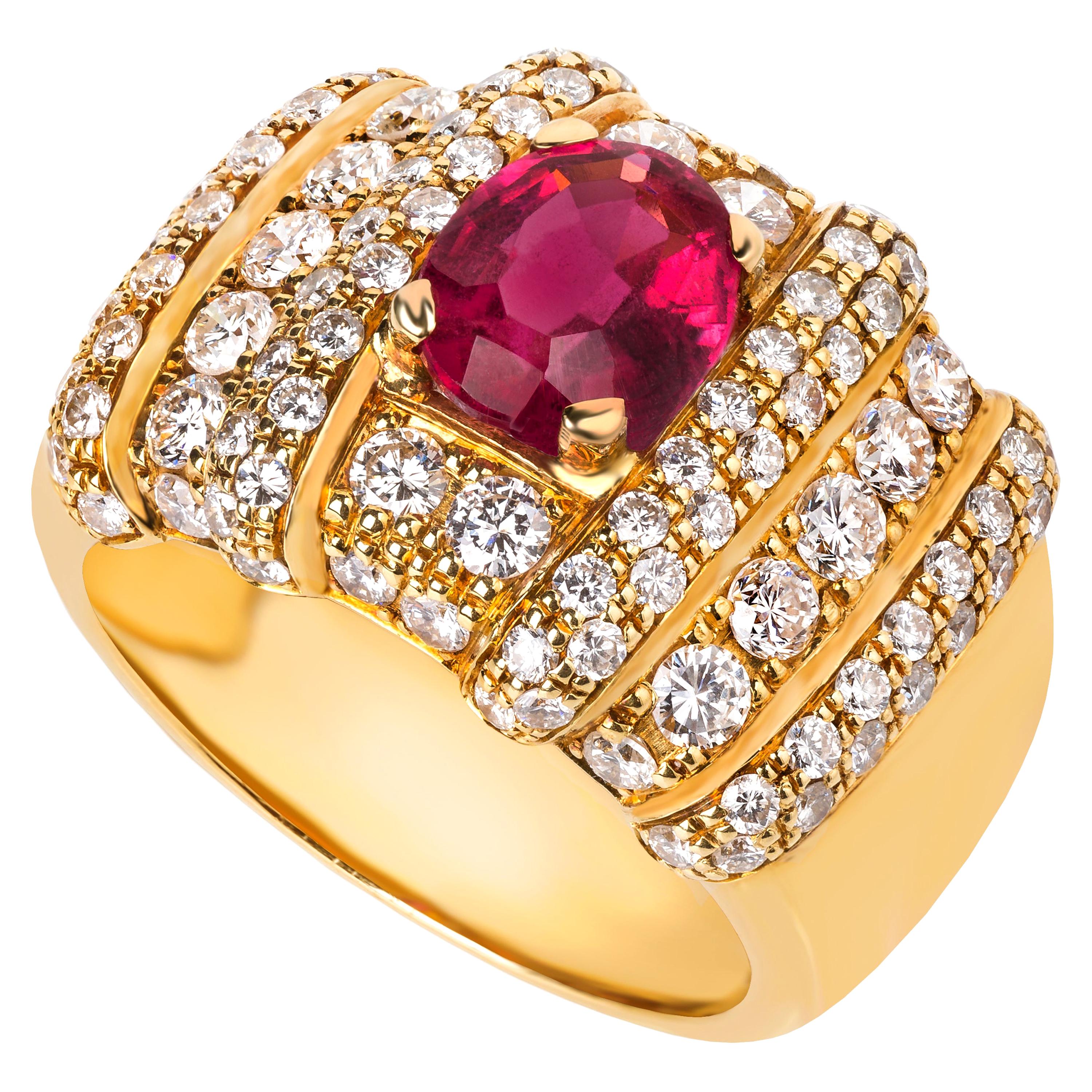 Rosior Oval Cut Rubelite and Diamond Cocktail Ring set in Yellow Gold