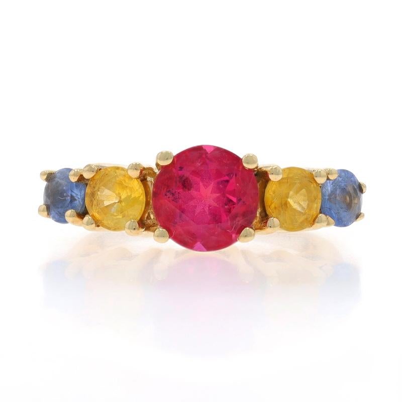 Size: 4 3/4
Sizing Fee: Up 2 sizes for $50 or Down 1/2 a size for $40

Metal Content: 14k Yellow Gold

Stone Information

Natural Pink Tourmaline
Carat(s): 1.70ct
Cut: Round

Natural Yellow Sapphires
Treatment: Heating
Carat(s): .90ctw
Cut: