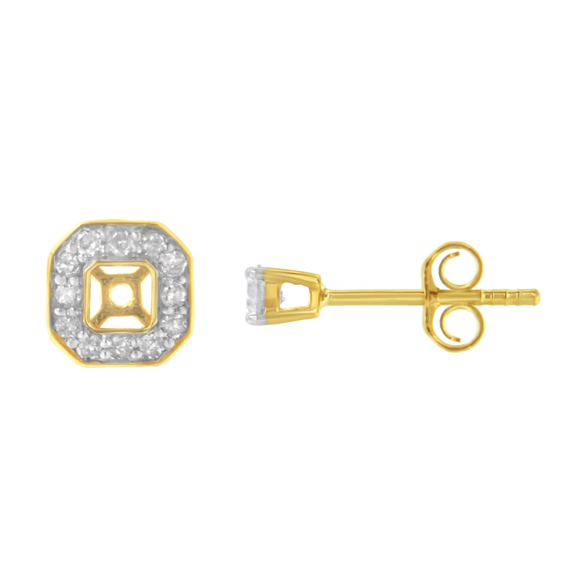 A pair of square diamond stud earrings that features central round brilliant cut diamonds surrounded by a squared halo of diamonds. Crafted in 2 Micron 10 karat yellow gold plated sterling silver, this elegant design has a total diamond weight of
