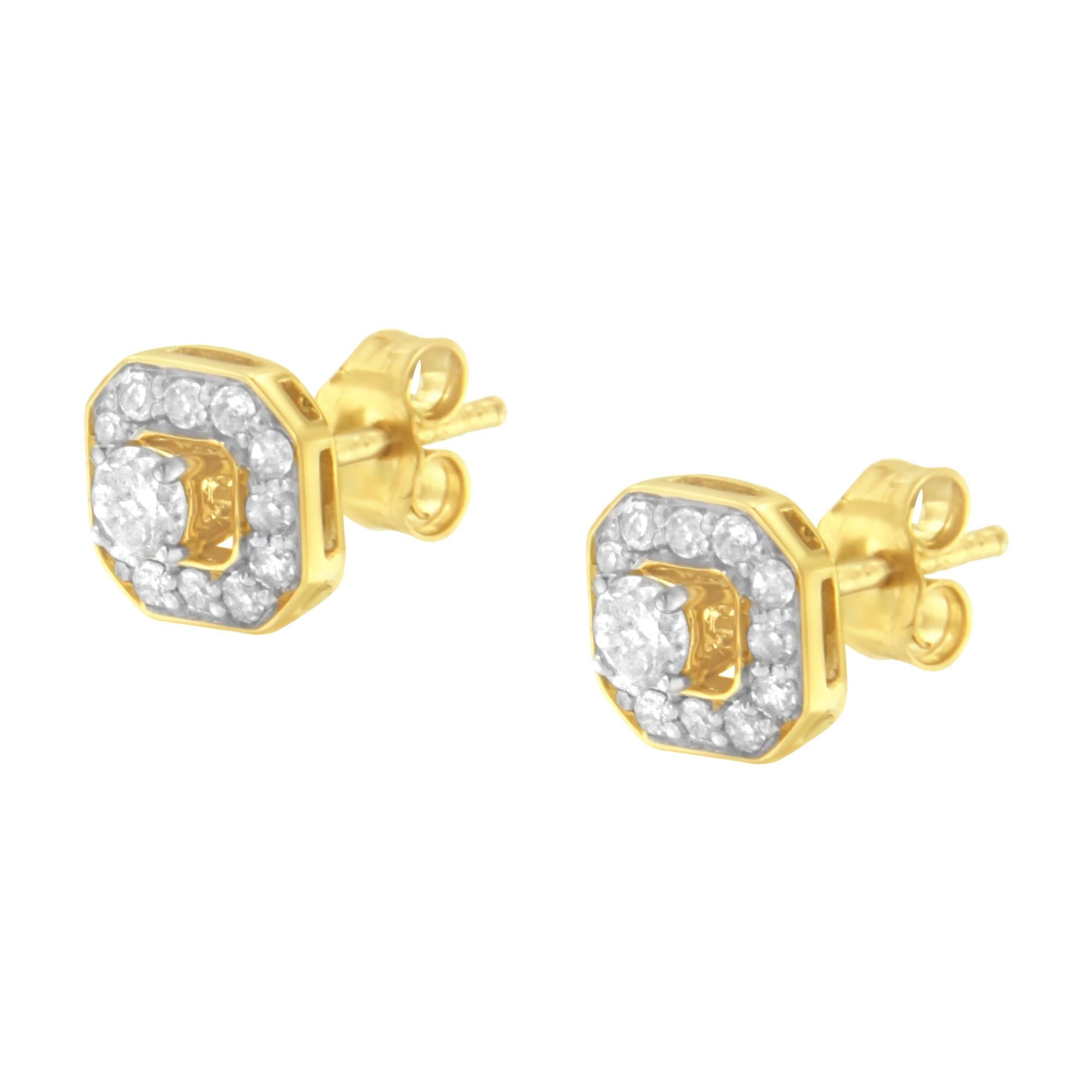 Round Cut Yellow Gold Plated .925 Sterling Silver 1/2 Carat Diamond Square Stud Earrings For Sale