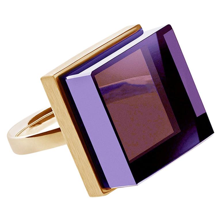 Featured in Vogue Yellow Gold-Plated Art Deco Style Ring with Amethyst For Sale