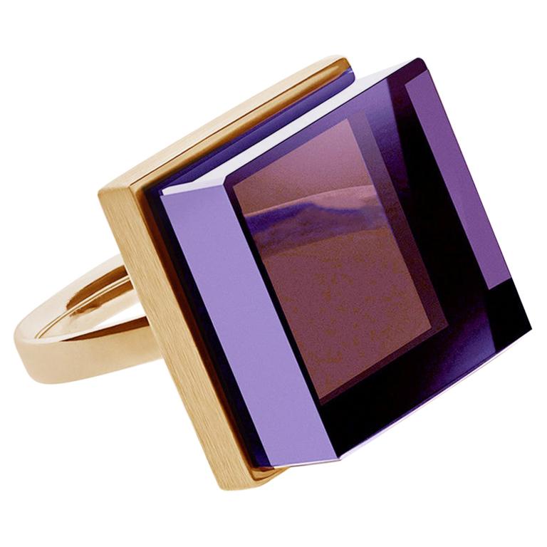 Yellow Gold-Plated Art Deco Style Ring with Amethyst Featured in Vogue For Sale