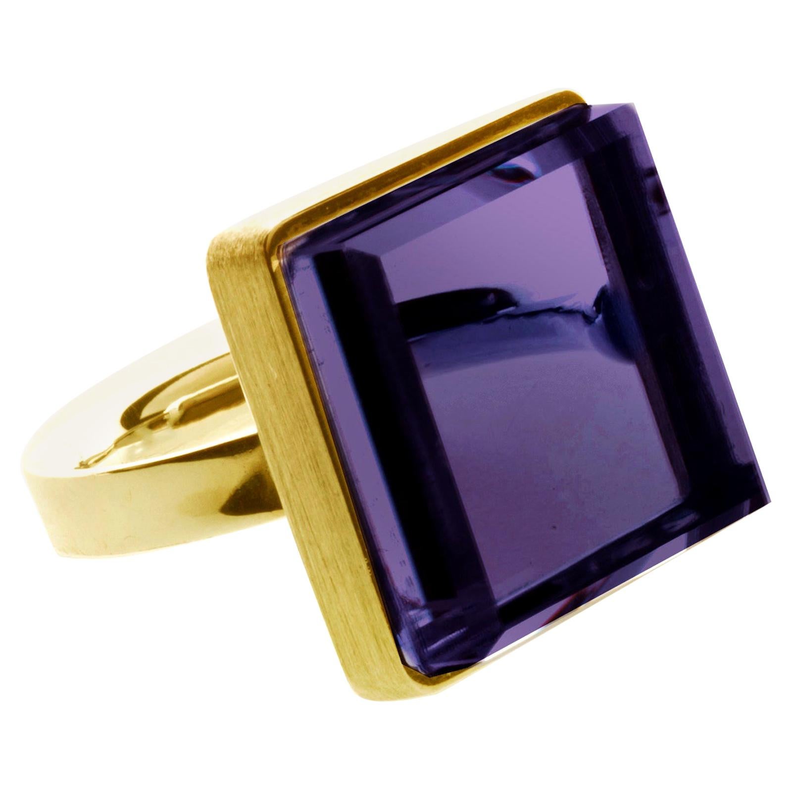 Featured in Vogue Yellow Gold-Plated Art Deco Style Ring with Dark Amethyst For Sale 6