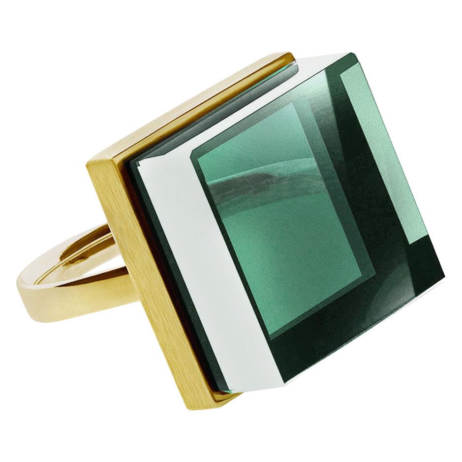 Yellow Gold-Plated Art Deco Style Sterling Silver Ring with Green Quartz For Sale