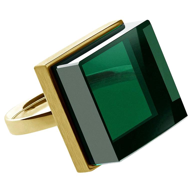 Yellow Gold Plated Art Deco Style Sterling Silver Ring with Green Quartz For Sale