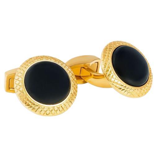 Yellow Gold Plated Bullseye Cufflinks with Onyx For Sale
