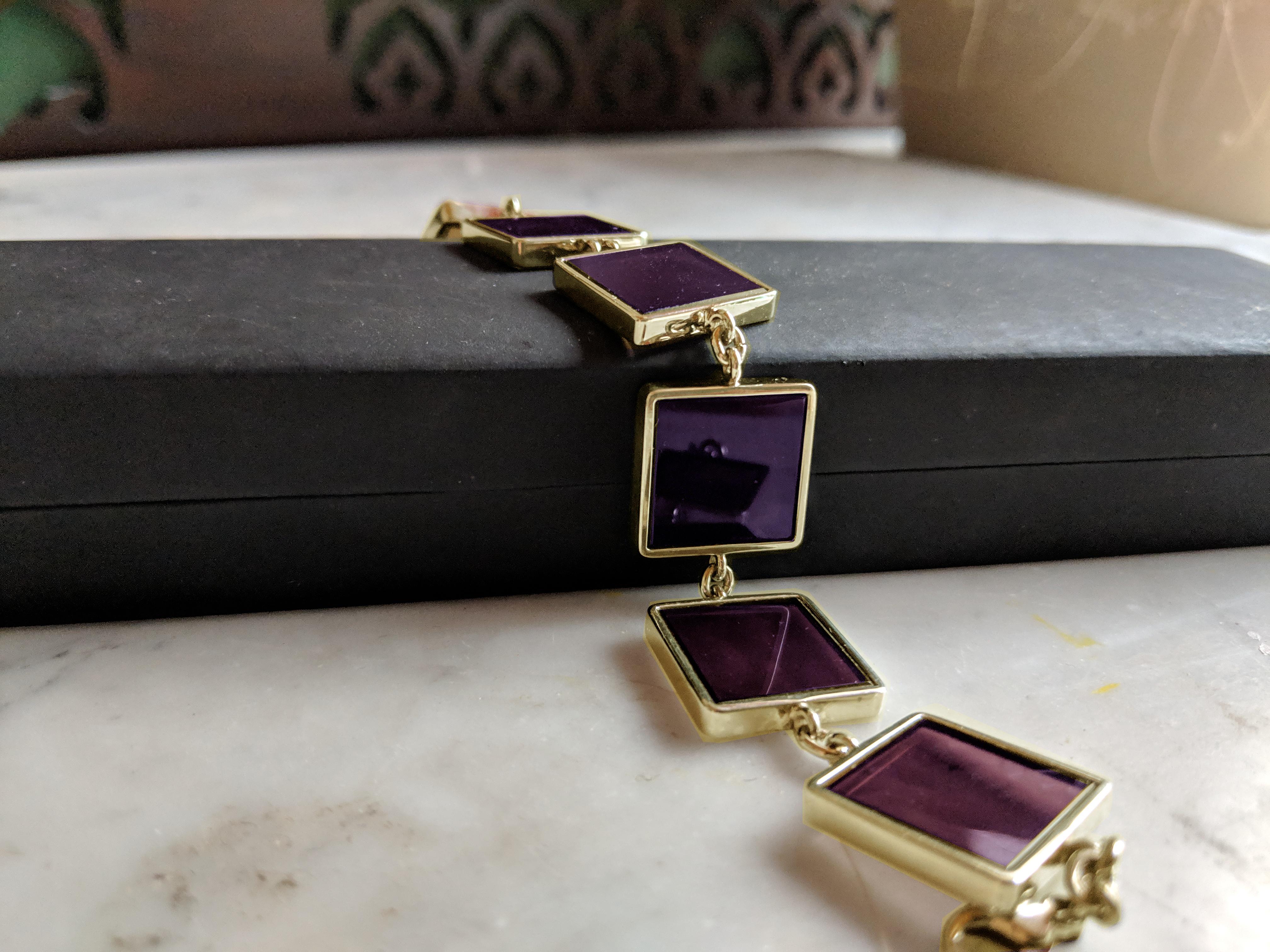 Yellow Gold-Plated Contemporary Link Bracelet with Amethysts Featured in Vogue For Sale 9