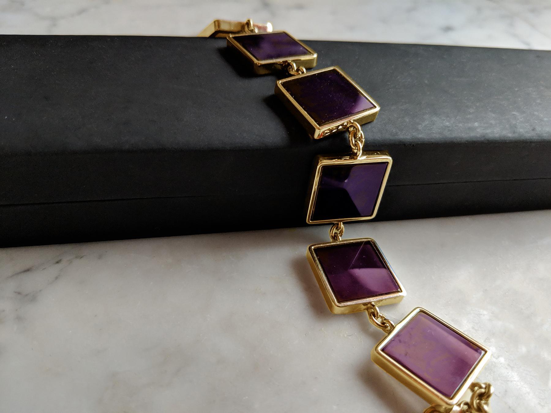 Cabochon Yellow Gold-Plated Contemporary Link Bracelet with Amethysts Featured in Vogue For Sale