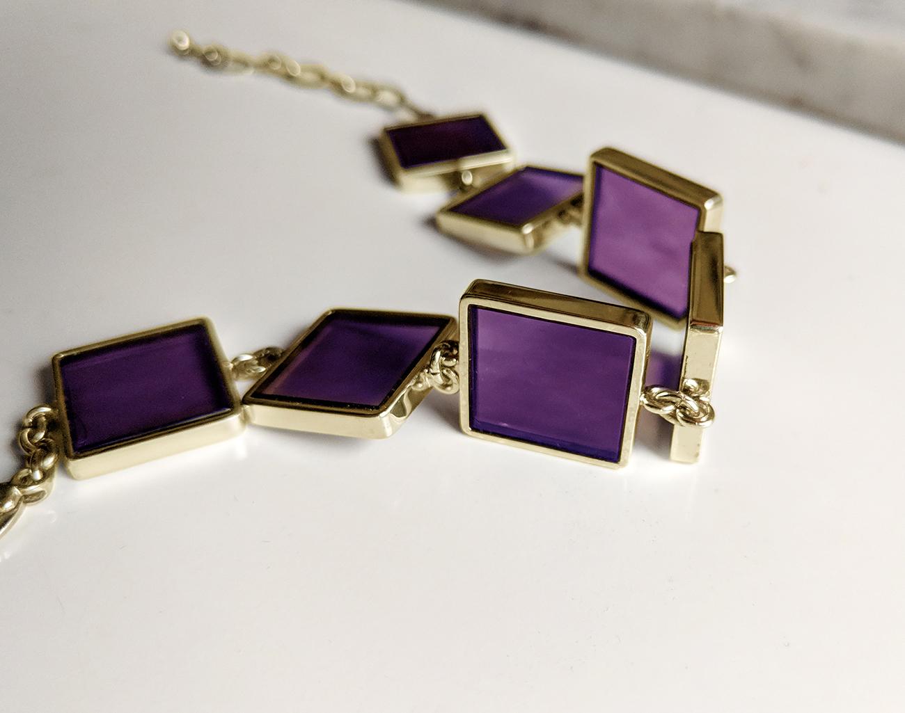 Women's or Men's Yellow Gold-Plated Contemporary Link Bracelet with Amethysts Featured in Vogue For Sale