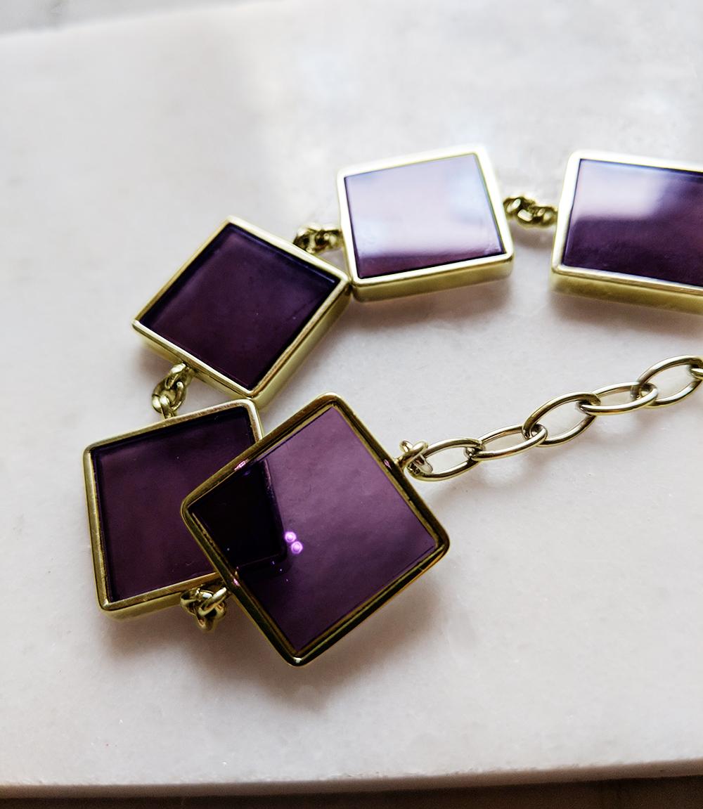 Yellow Gold-Plated Contemporary Link Bracelet with Amethysts Featured in Vogue For Sale 1