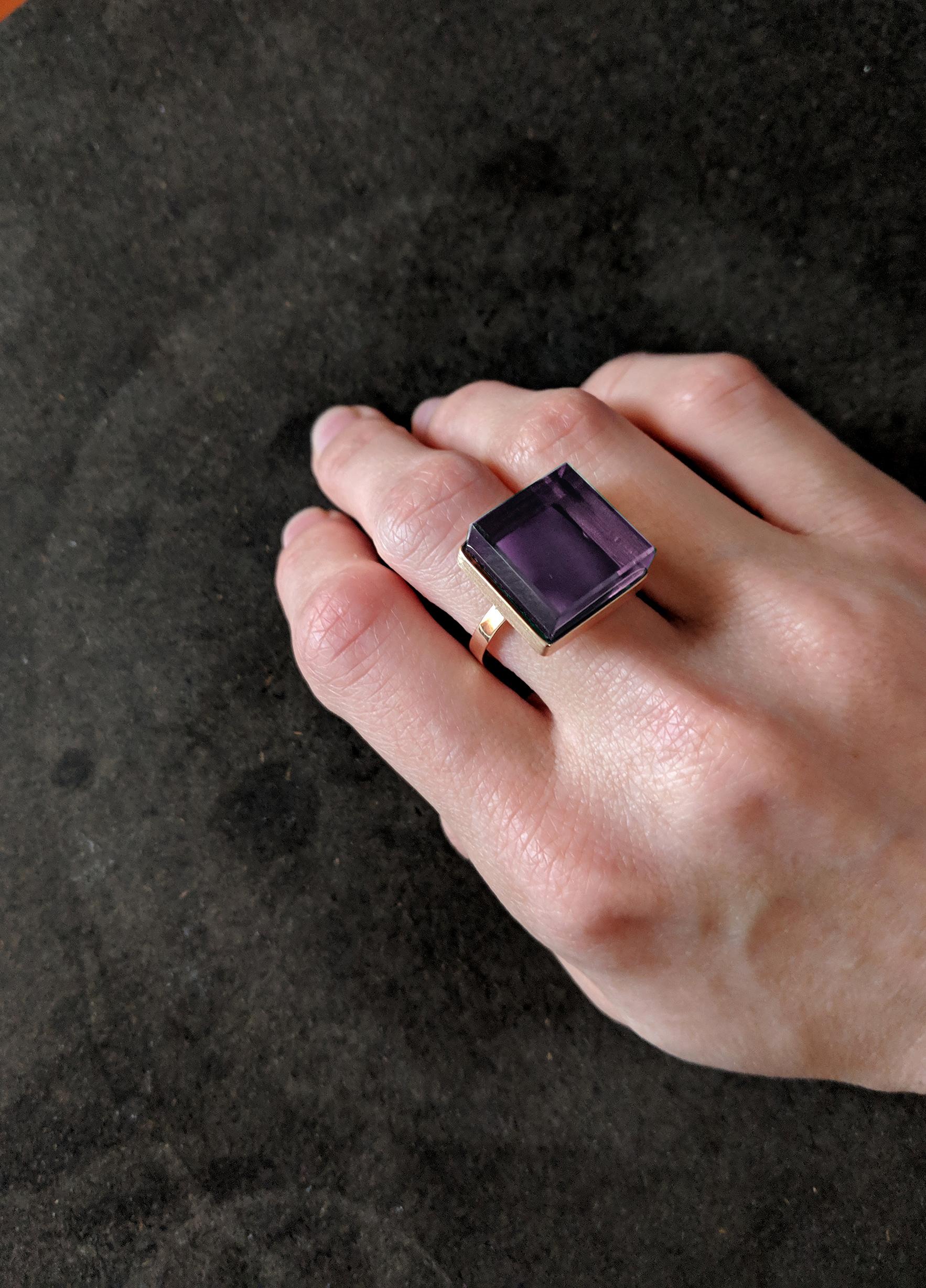 This stunning ring is made of yellow gold-plated sterling silver and boasts a vibrant 15x15x8 mm amethyst quartz. It has been featured in prestigious publications such as Harper's Bazaar and Vogue UA.

This ring is not only a beautiful piece of