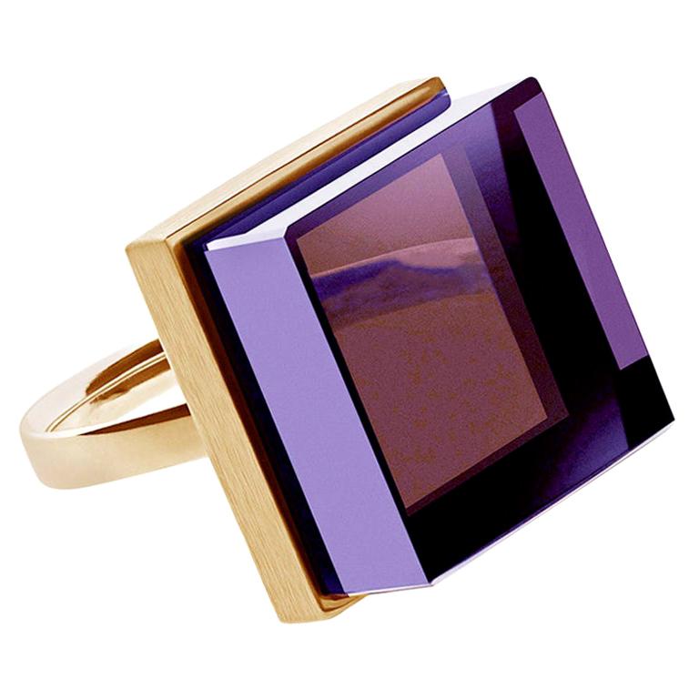 Yellow Gold-Plated Contemporary Ring with Amethyst Featured in Vogue For Sale