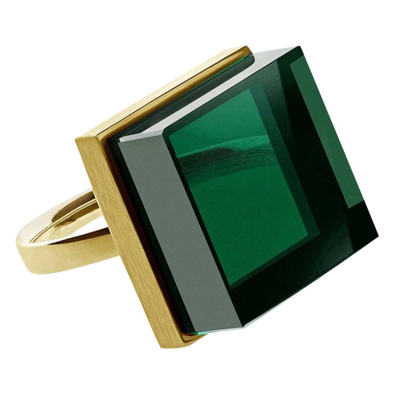 Featured in Vogue Yellow Gold Plated Sterling Silver Ring with Green Quartz For Sale