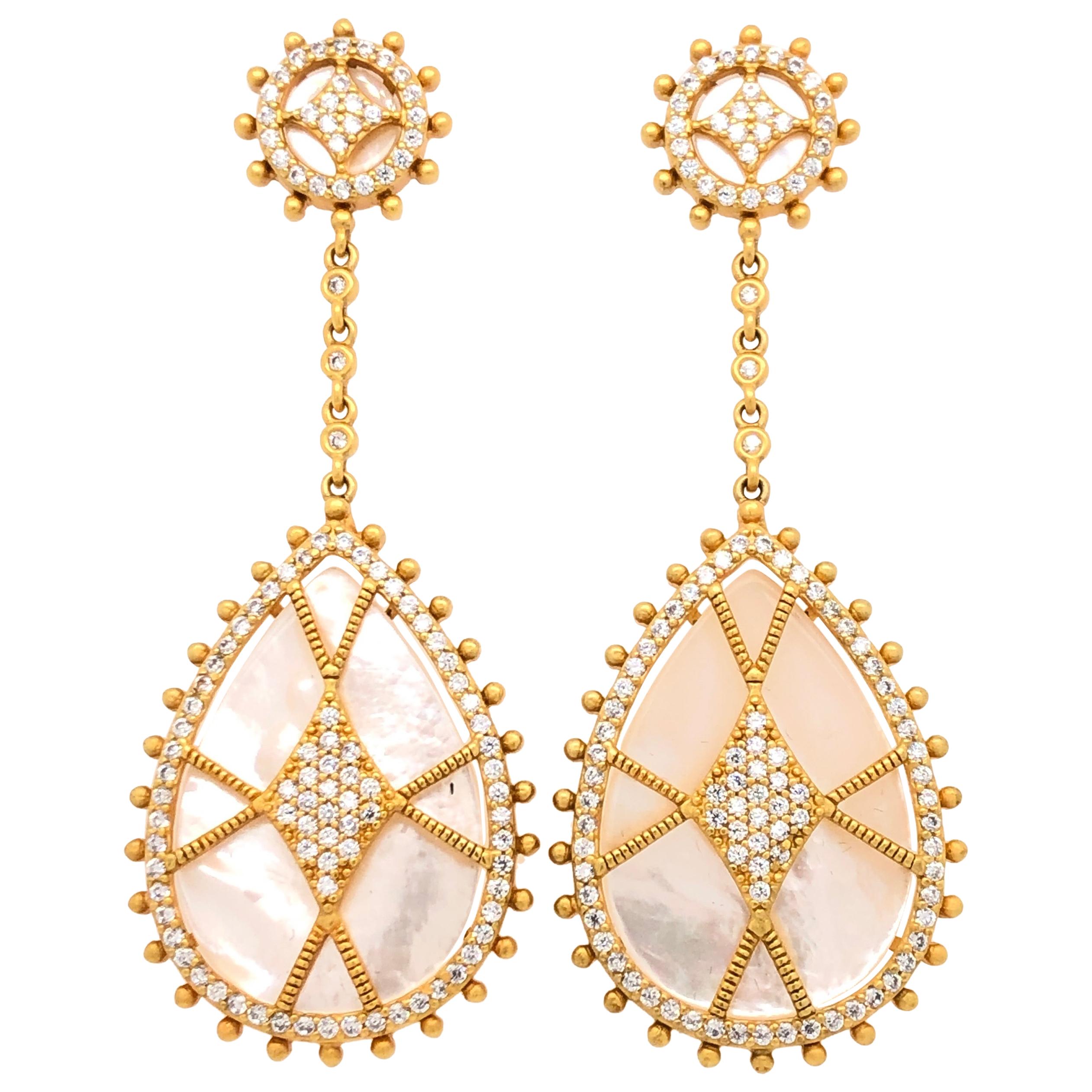Yellow Gold Plated Silver Mother of Pearl and Diamond Earrings  