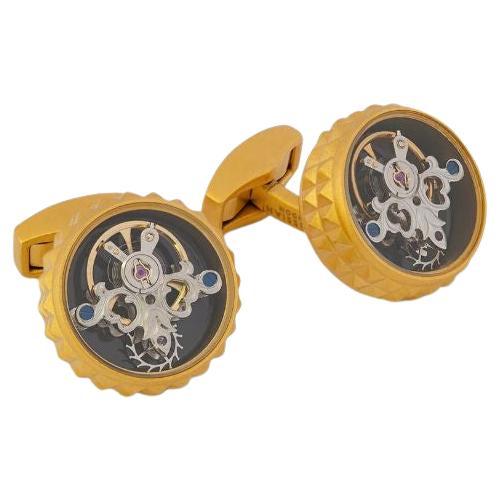 Yellow Gold Plated Stainless Steel Diamond Giza Tourbillon Cufflinks For Sale