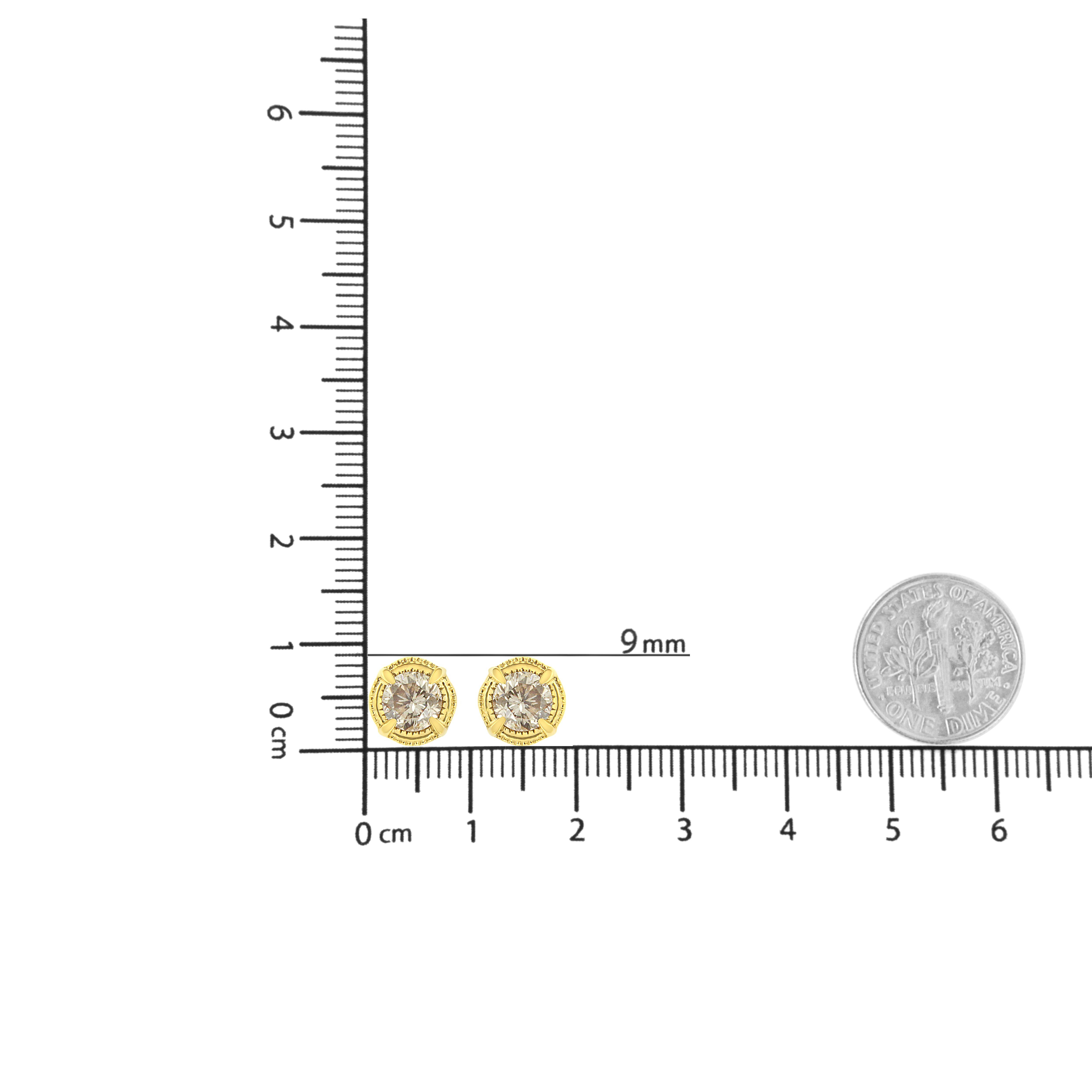 Round Cut Yellow Gold Plated Sterling Silver 1 1/2 Carat Diamond Milgrain Stud Earrings For Sale