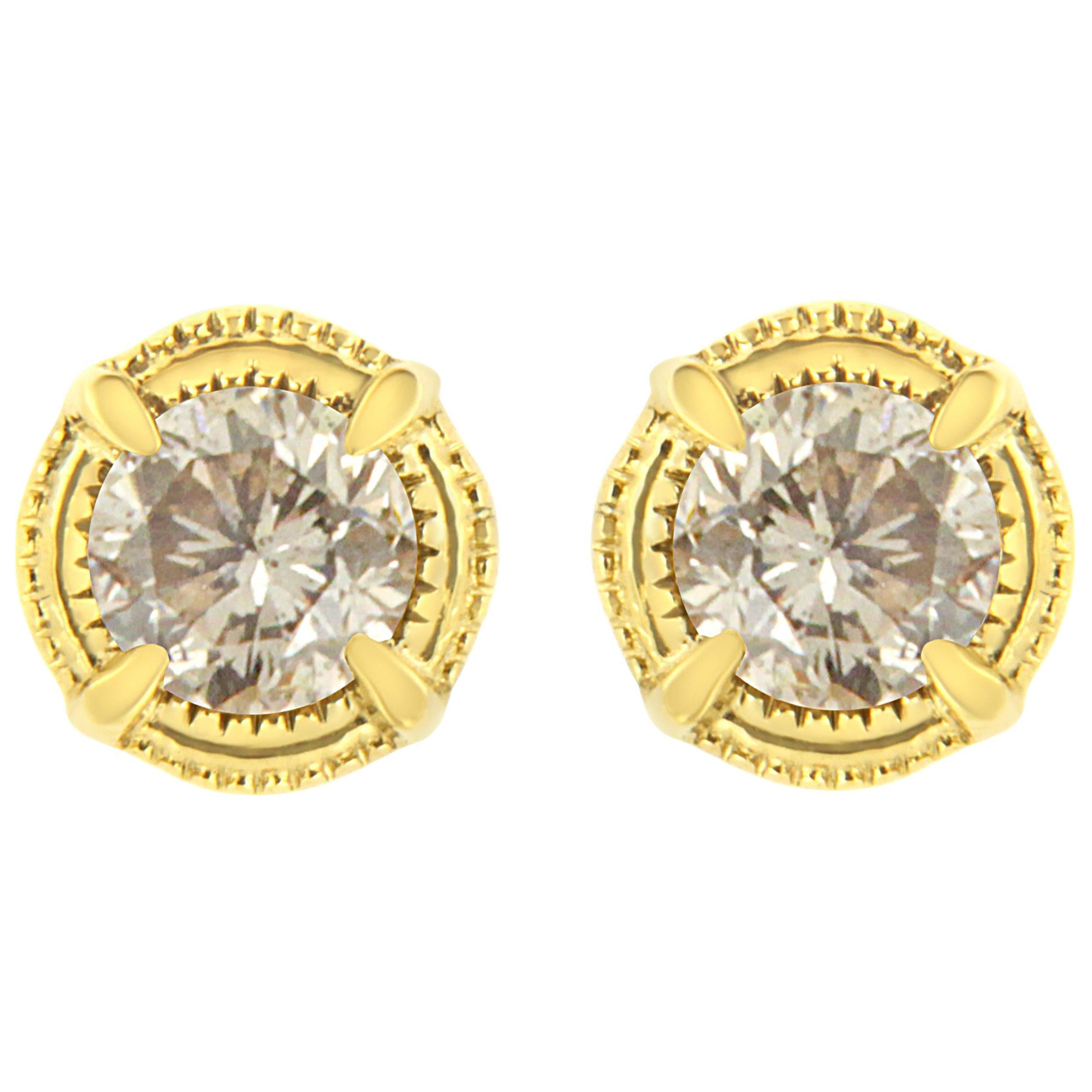 Clous d'oreilles en or jaune plaqué argent sterling avec diamants de 1 1/2 carat de couleur milgrain