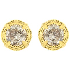 Clous d'oreilles en or jaune plaqué argent sterling avec diamants de 1 1/2 carat de couleur milgrain