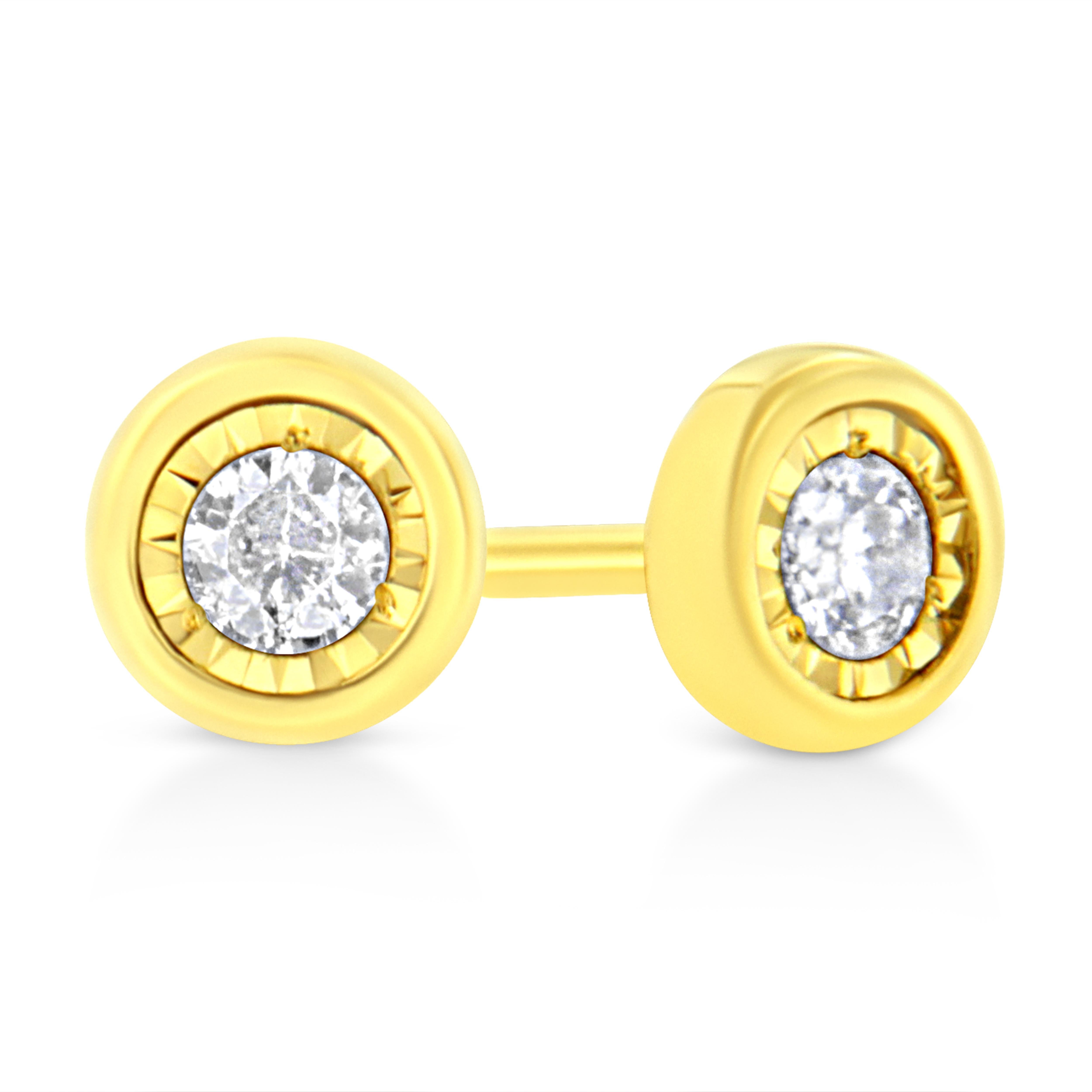These circle shaped stud earrings are crafted in 10k yellow gold plated sterling silver and feature 1/10ct TDW of diamonds. Each earring features a single sparkling round cut diamond in a miracle setting that adds to the earrings sparkle. A polished