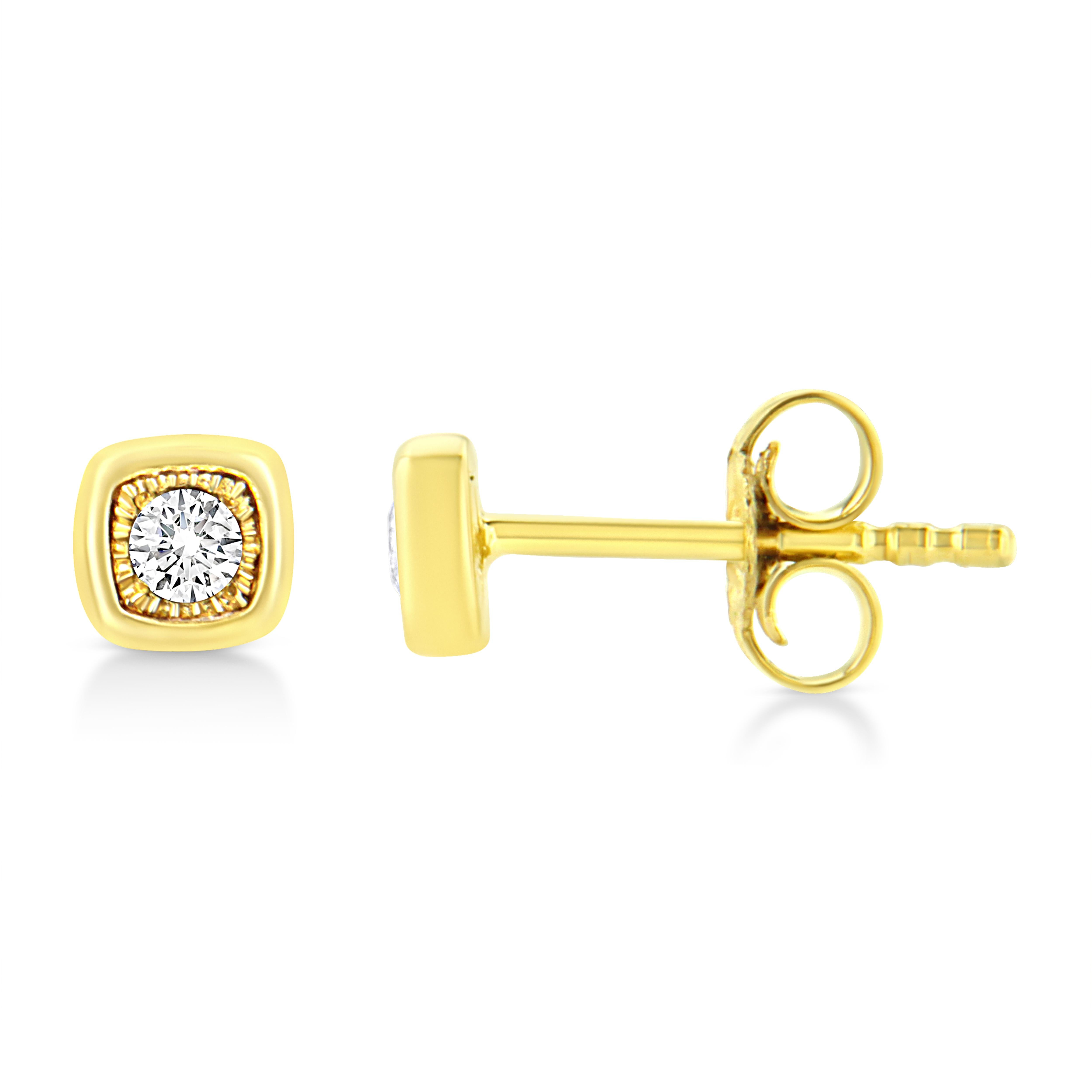 These cushion shaped stud earrings are crafted in 10k yellow gold plated sterling silver and feature 1/10ct TDW of diamonds. Each earring features a single sparkling round cut diamond in a miracle setting that adds to the earrings sparkle. A
