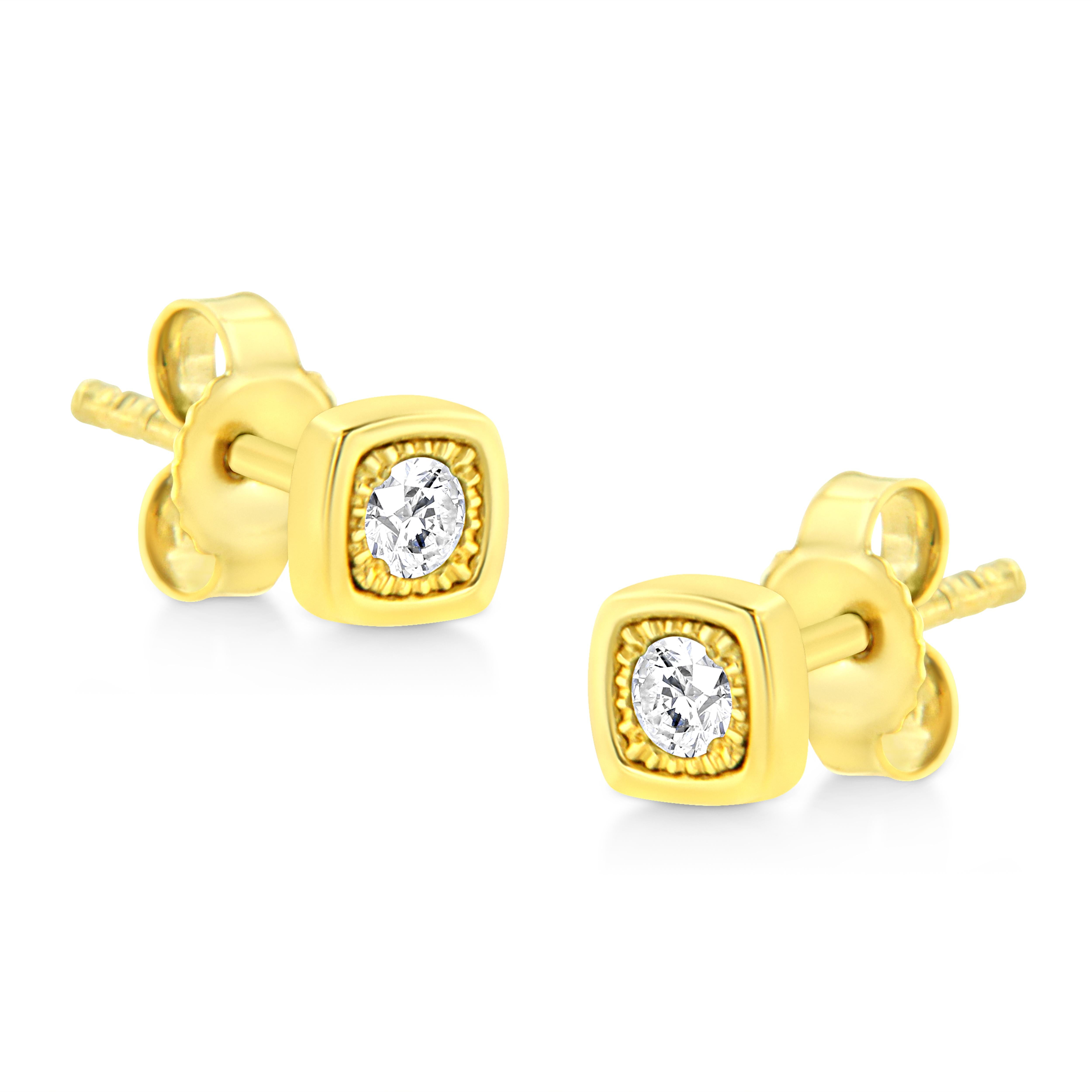Contemporary Yellow Gold Plated Sterling Silver 1/10 Carat Diamond Cushion Shape Stud Earring For Sale