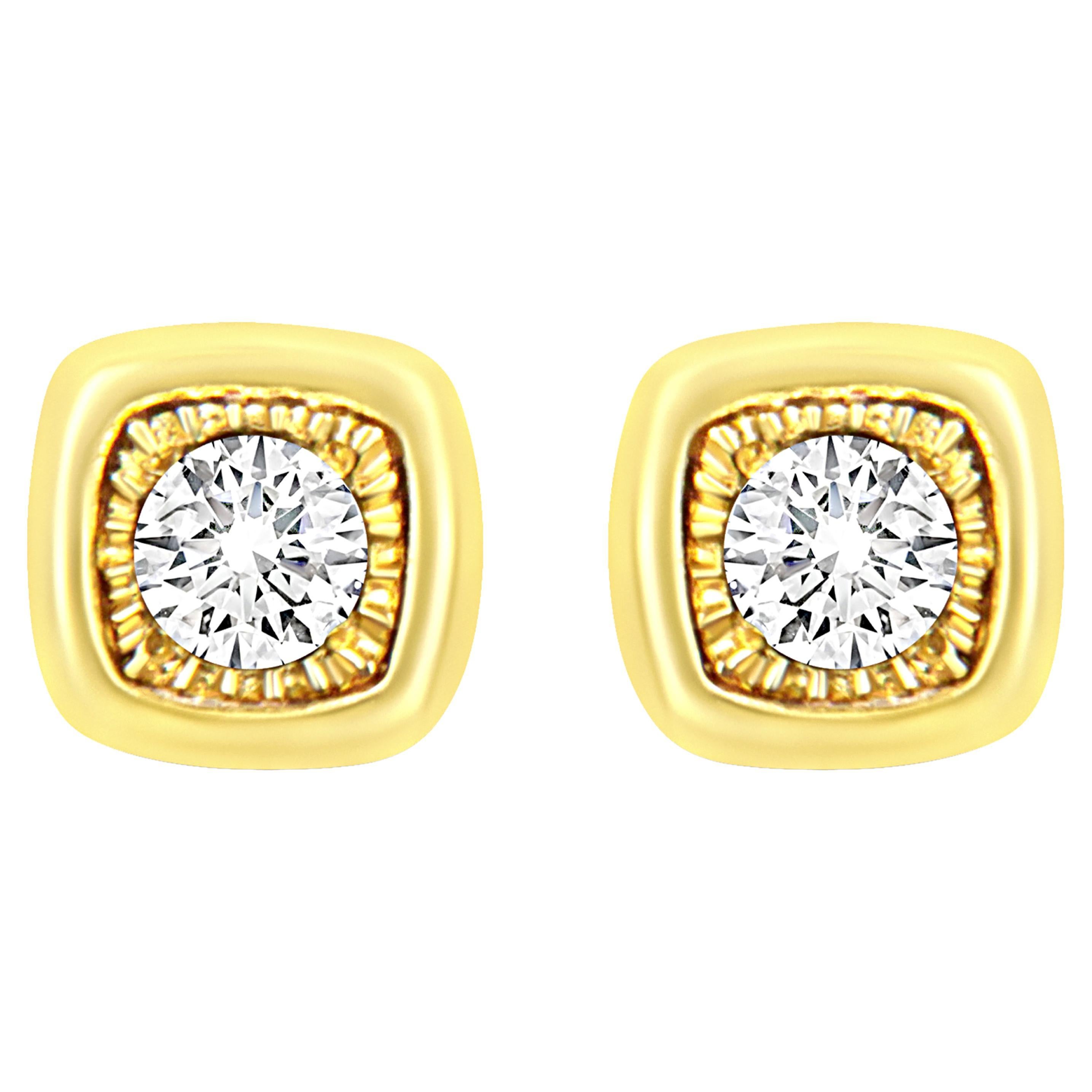 Yellow Gold Plated Sterling Silver 1/10 Carat Diamond Cushion Shape Stud Earring For Sale