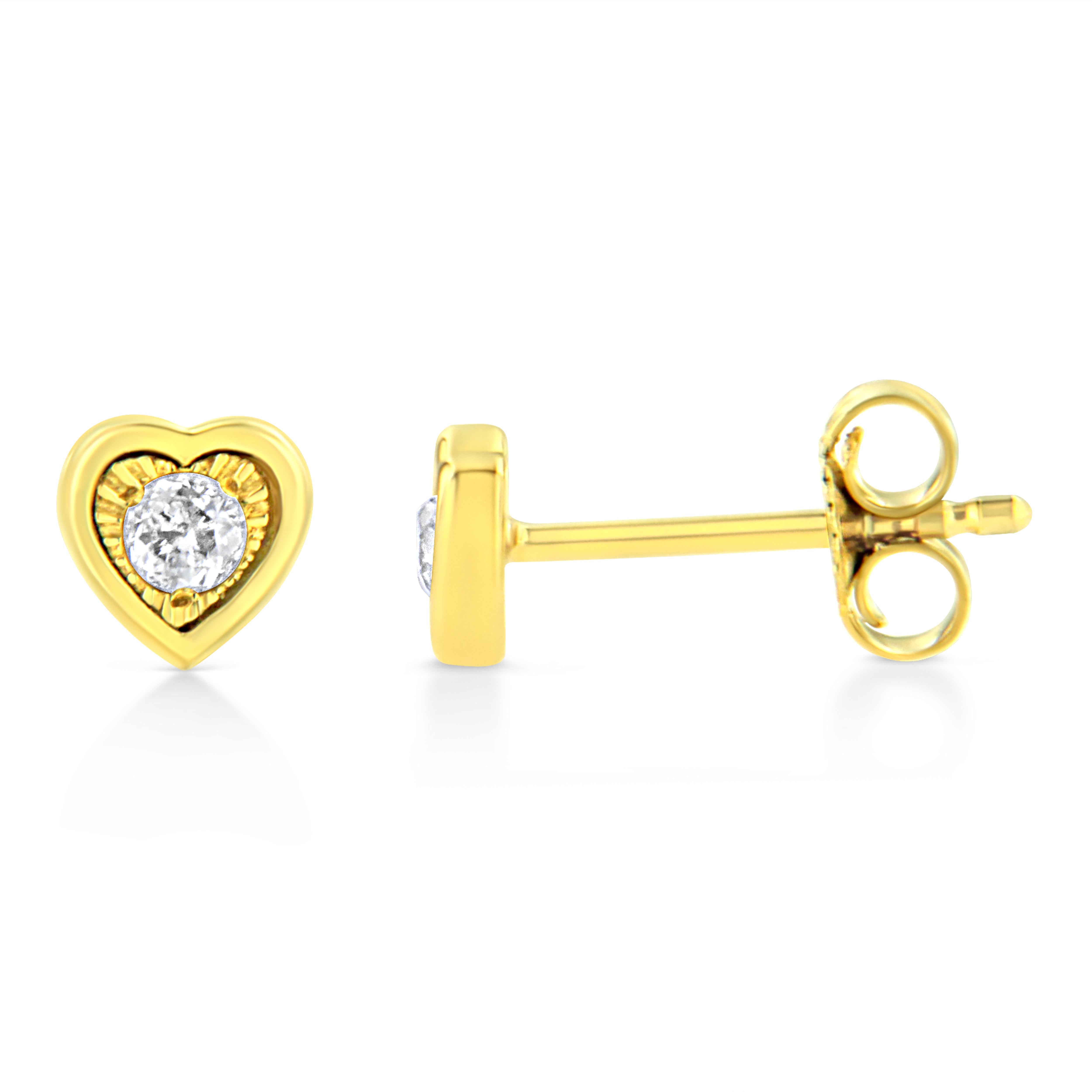Contemporary Yellow Gold Plated Sterling Silver 1/10 Carat Diamond Heart Shape Stud Earrings For Sale