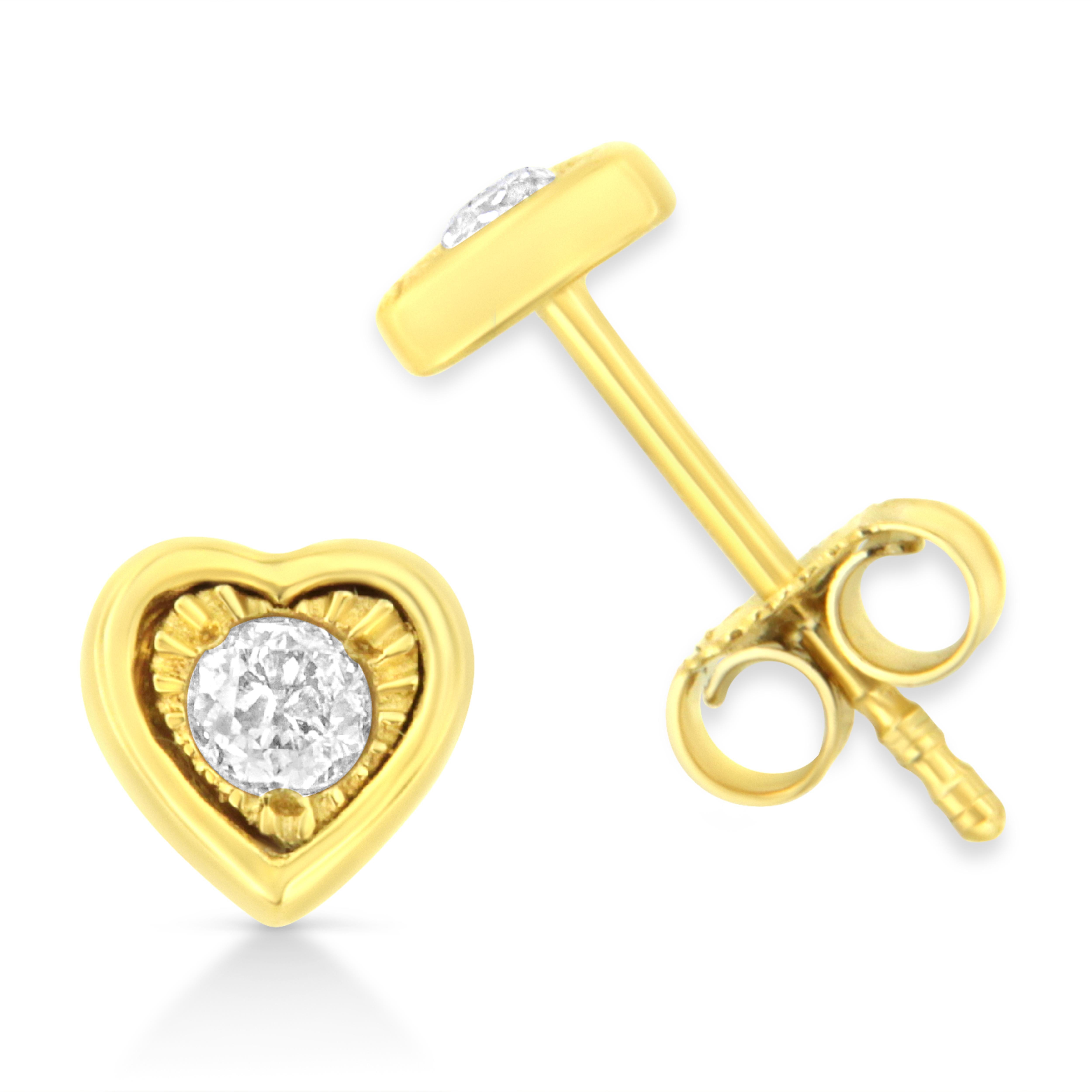 Yellow Gold Plated Sterling Silver 1/10 Carat Diamond Heart Shape Stud Earrings In New Condition For Sale In New York, NY