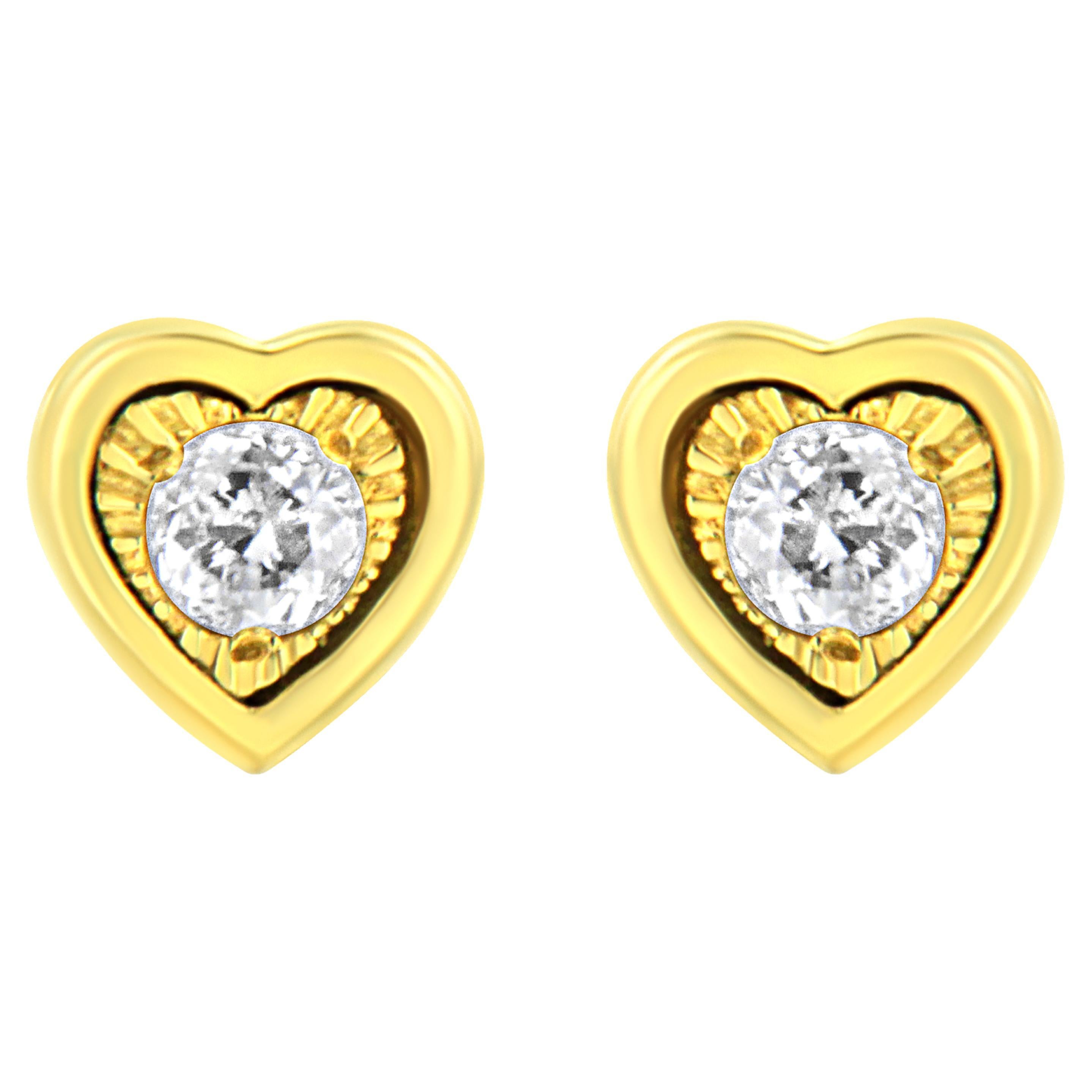 Yellow Gold Plated Sterling Silver 1/10 Carat Diamond Heart Shape Stud Earrings For Sale