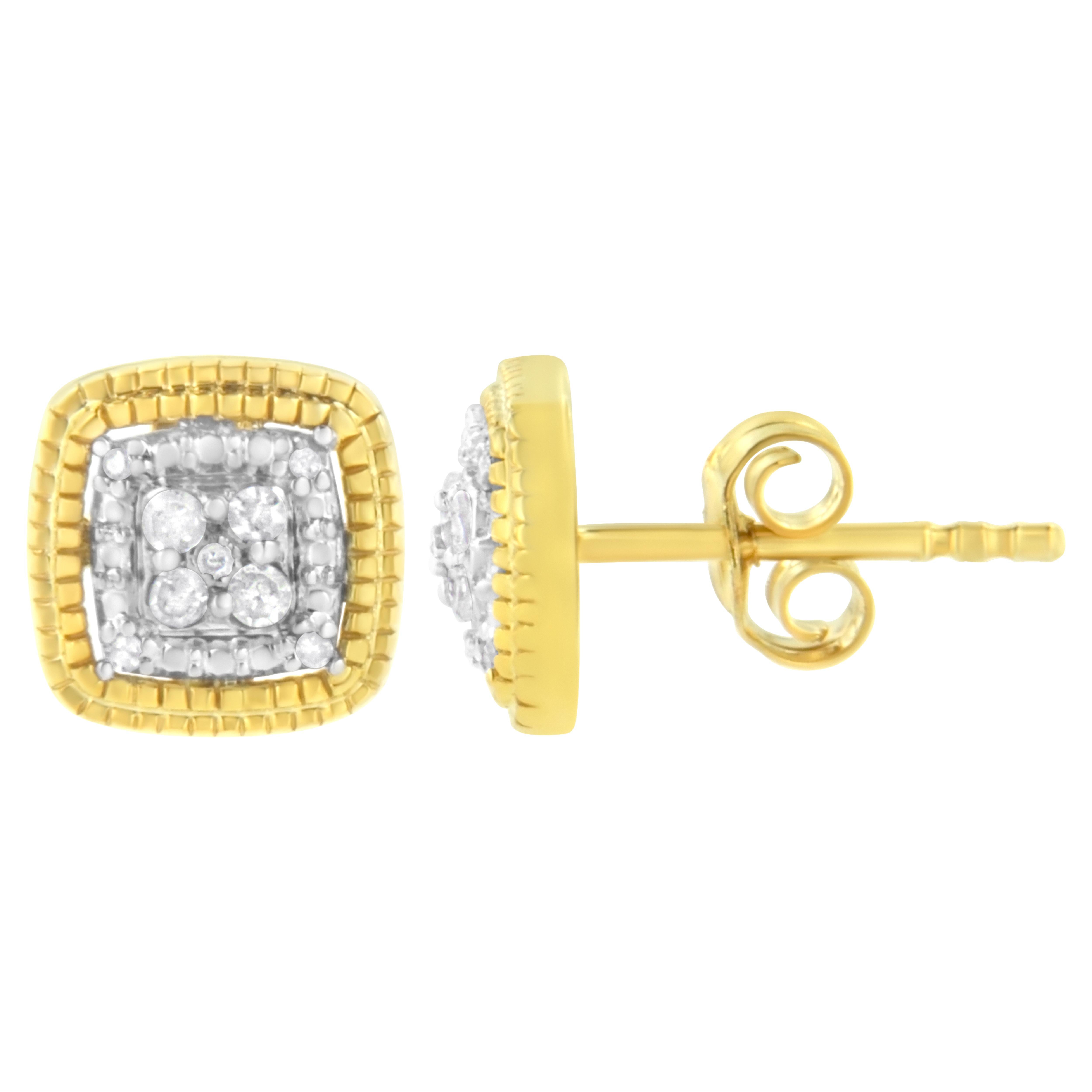 Petite and elegant, these 10k yellow gold plated .925 sterling silver hoops will sparkle on your ears. These earrings are embellished with 7 prong-set diamonds each. The stones are round-cut and champagne in color. These hoops will add a touch of
