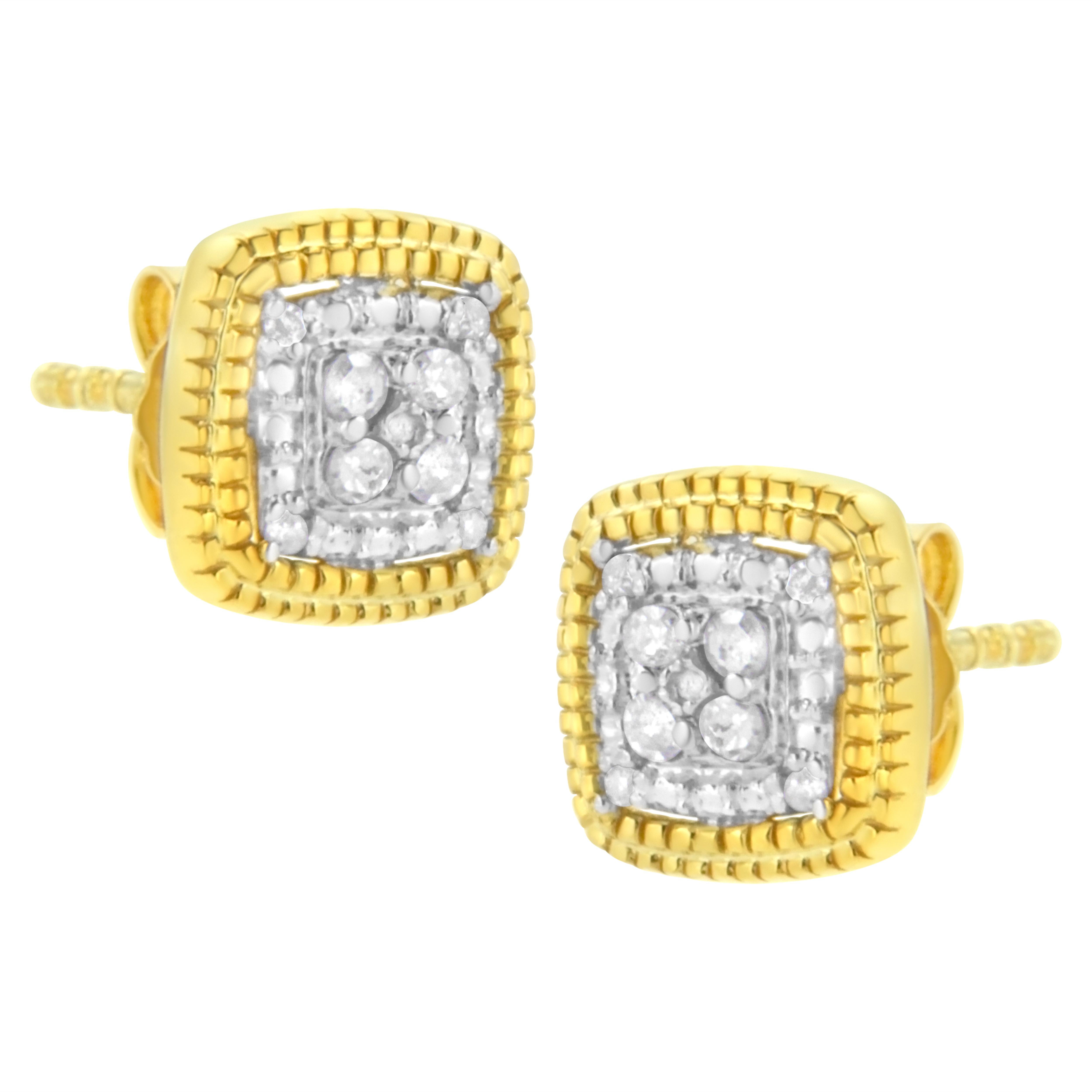 Contemporary Yellow Gold Plated Sterling Silver 1/10 Carat Diamond Milgrain Halo Stud Earring
