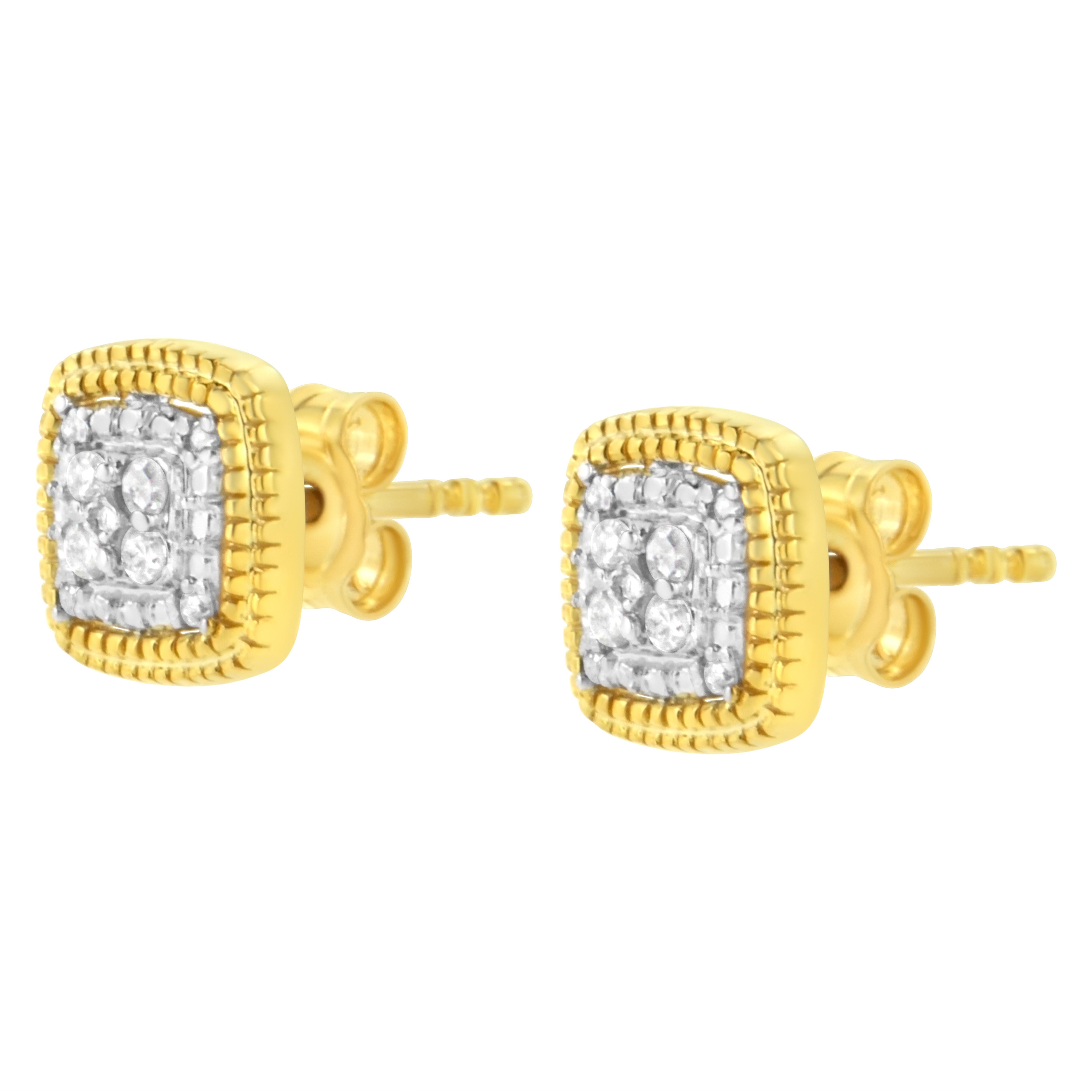 Yellow Gold Plated Sterling Silver 1/10 Carat Diamond Milgrain Halo Stud Earring In New Condition In New York, NY