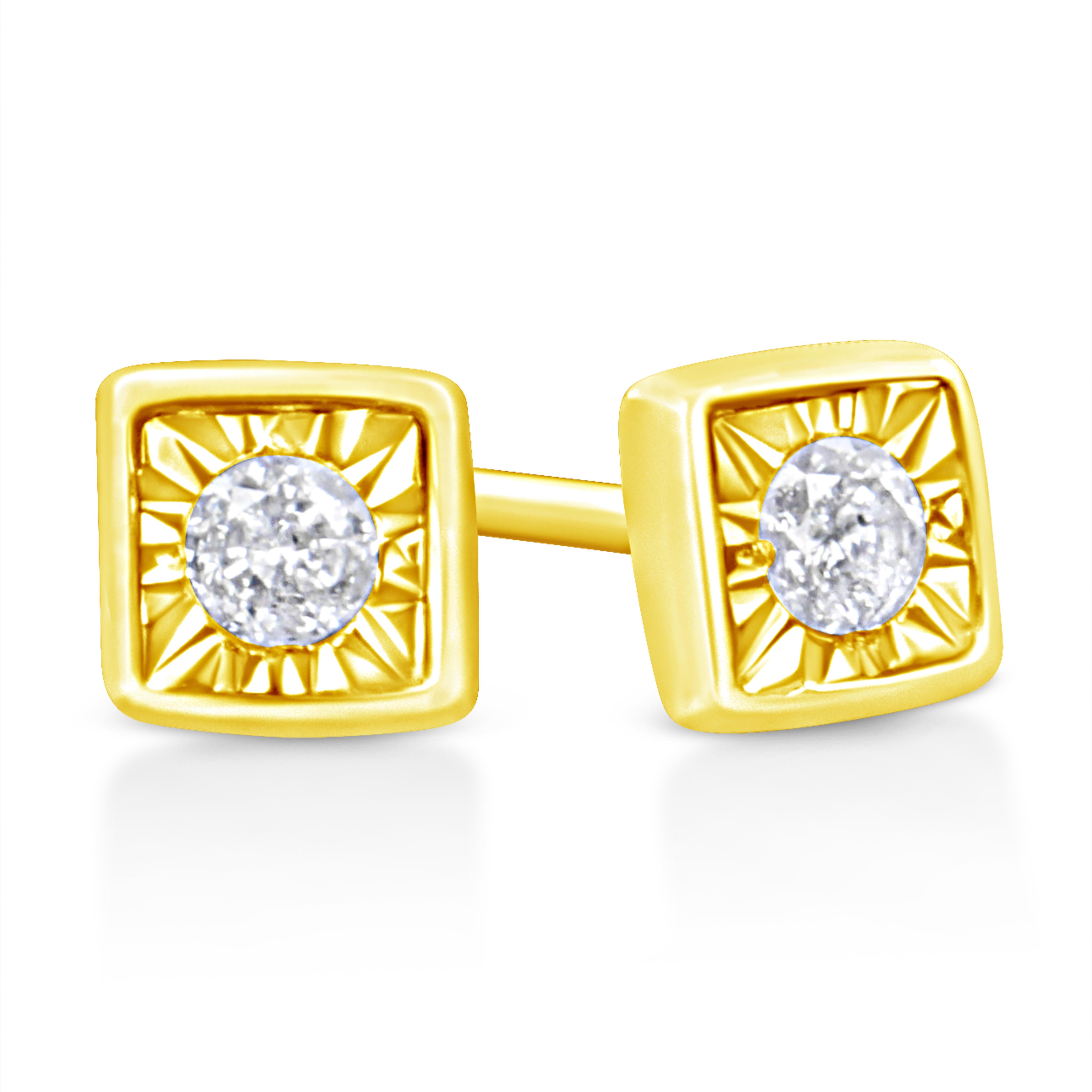 These square shaped stud earrings are crafted in 10k yellow gold plated sterling silver and feature 1/10ct TDW of diamonds. Each earring features a single sparkling round cut diamond in a miracle setting that adds to the earrings sparkle. A polished