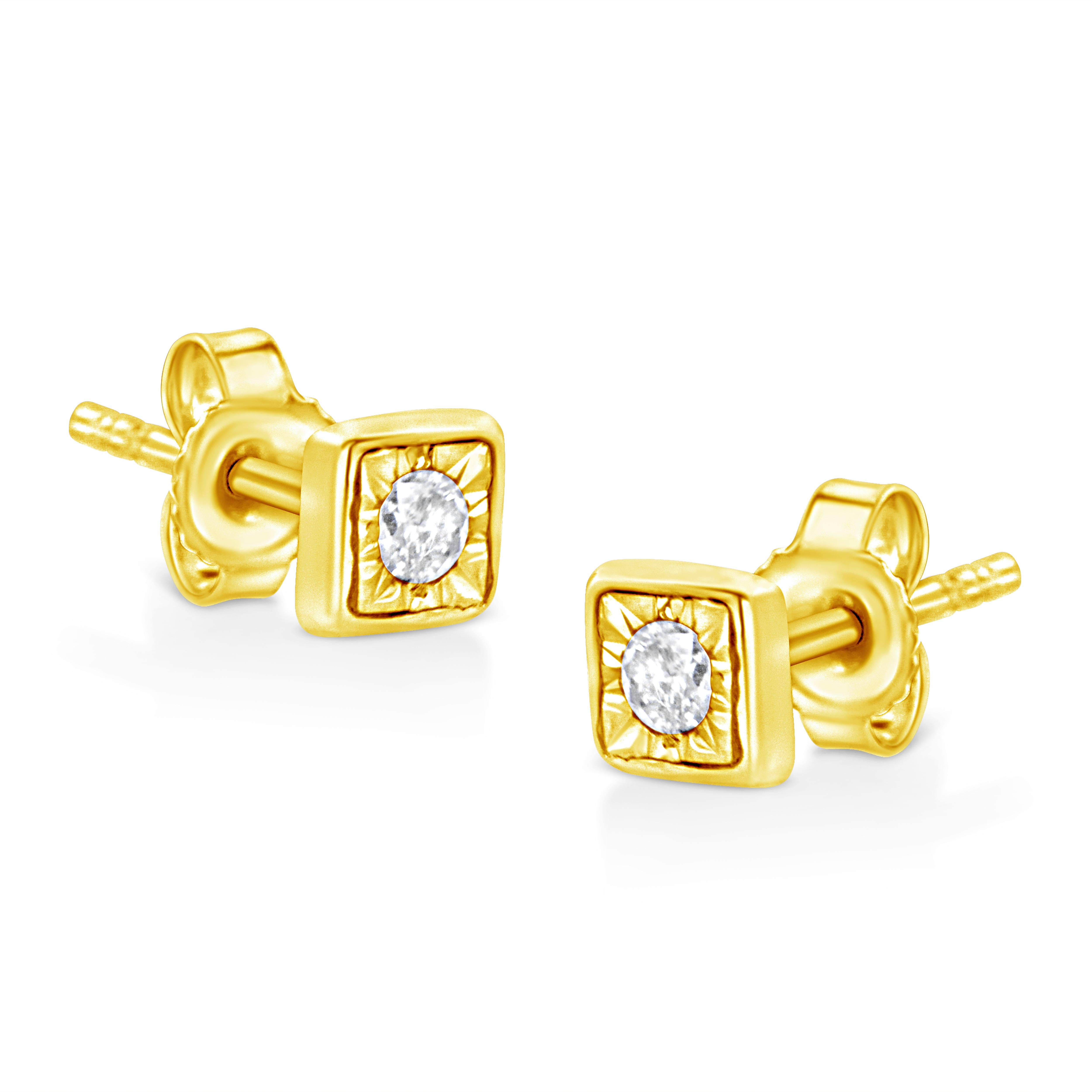 Contemporary Yellow Gold Plated Sterling Silver 1/10 Carat Diamond Square Stud Earrings For Sale