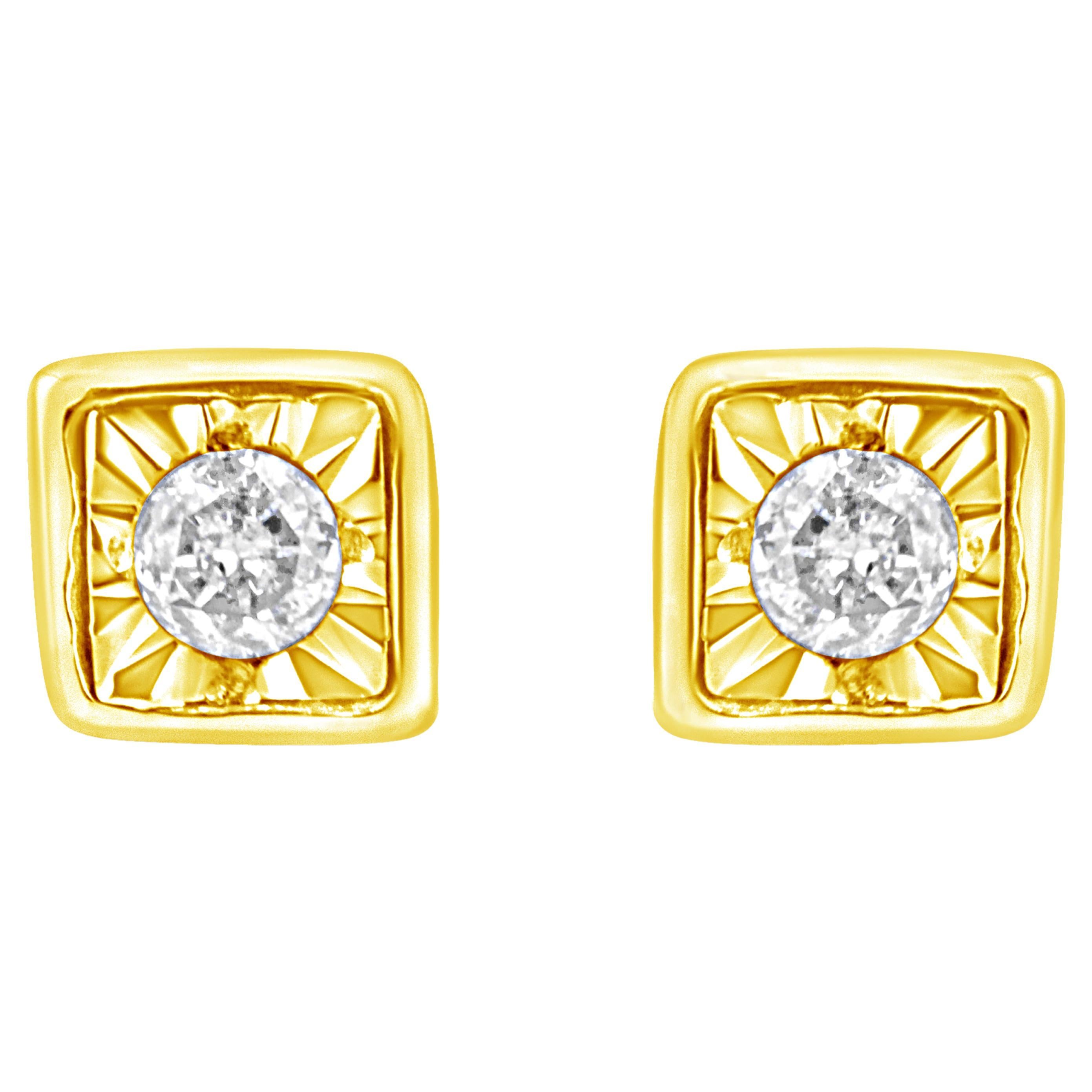 Yellow Gold Plated Sterling Silver 1/10 Carat Diamond Square Stud Earrings For Sale