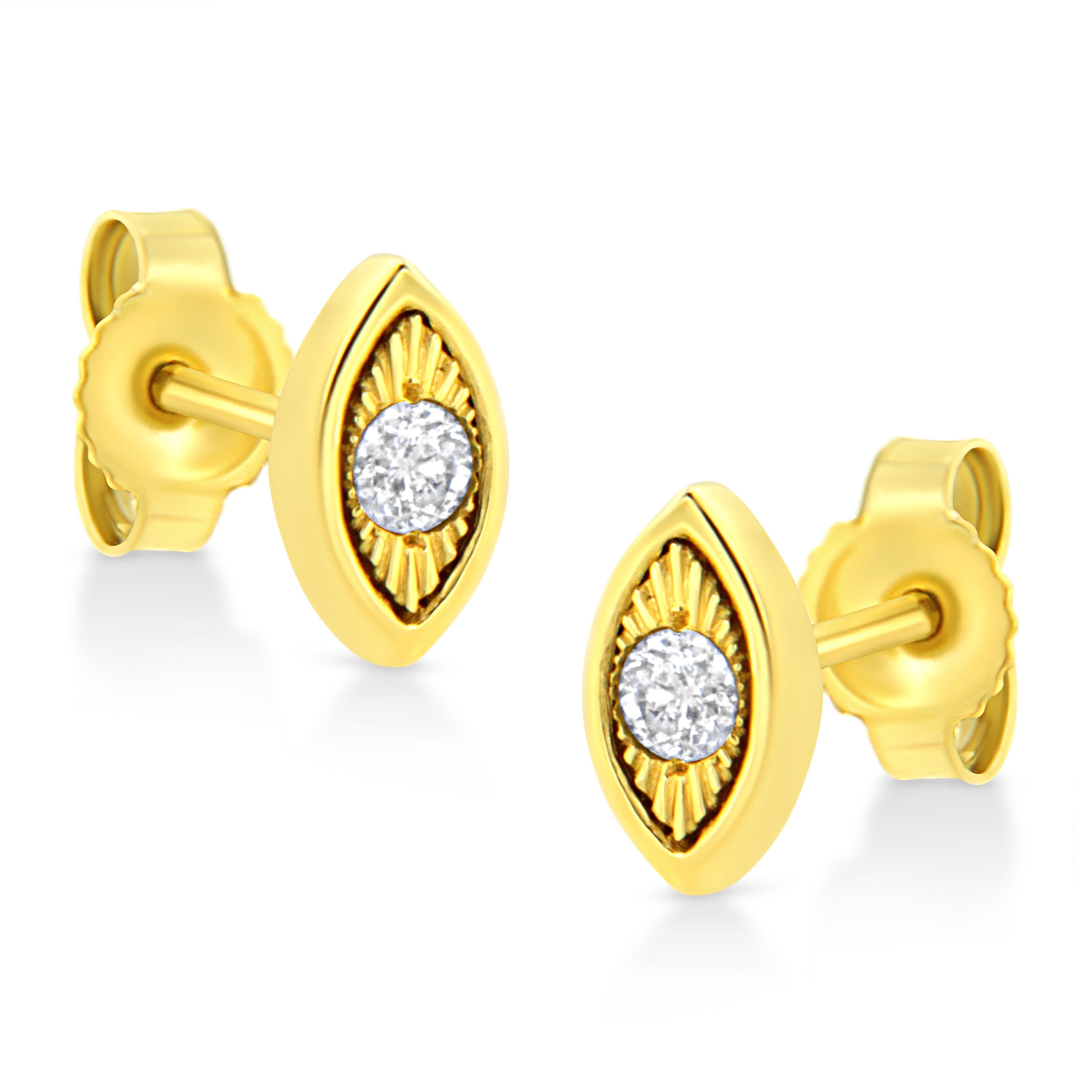 These marquise shaped stud earrings are crafted in 10k yellow gold plated sterling silver and feature 1/10ct TDW of diamonds. Each earring features a single sparkling round cut diamond in a miracle setting that adds to the earrings sparkle. A