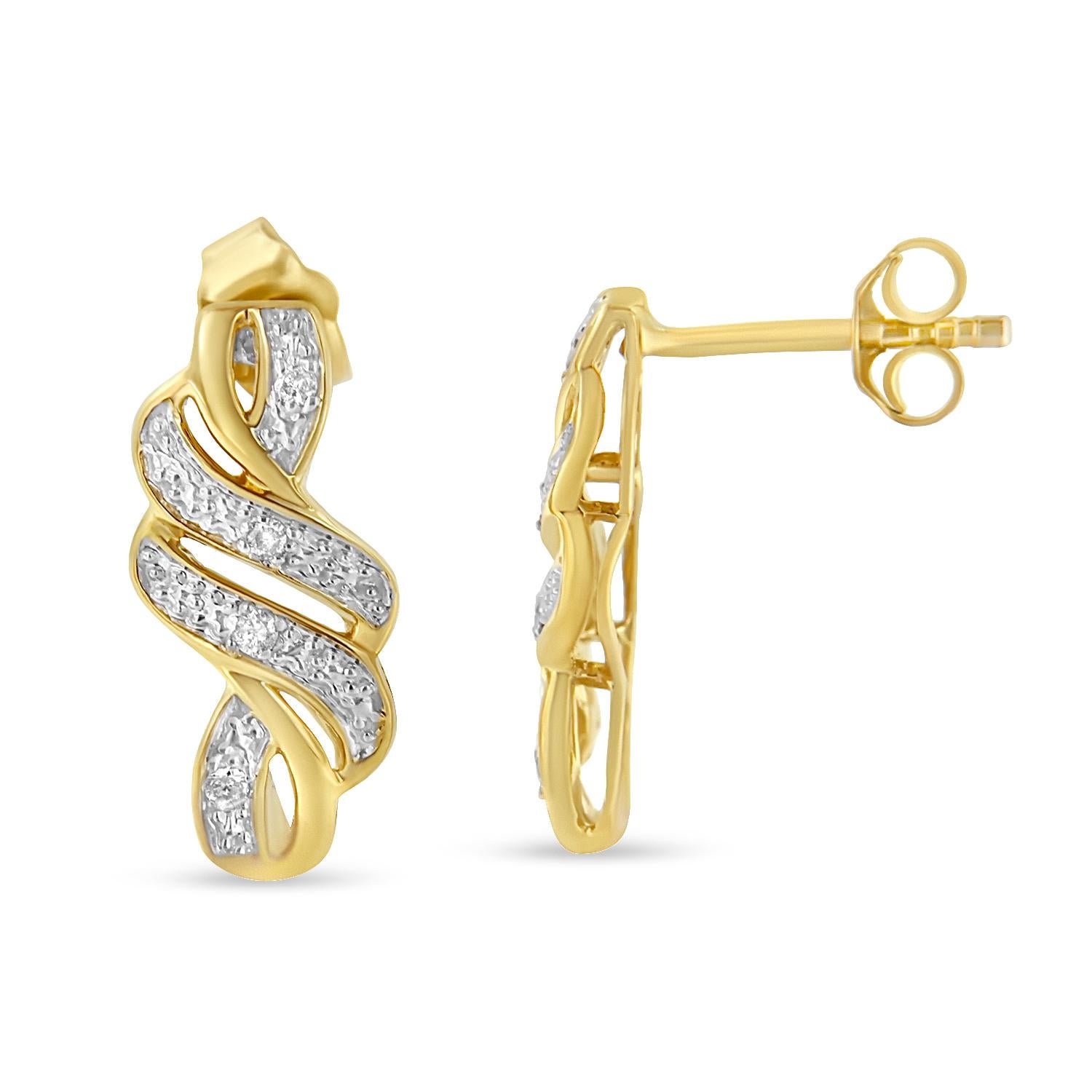 Delicate ribbons flow to create a swirl effect in these elegant and sophisticated earring design. 1/10ct TDW of dazzling roud cut diamonds inlay the ribbons. Crafted in 10k yellow gold plated sterling silver and fitted with a push back secure fit,