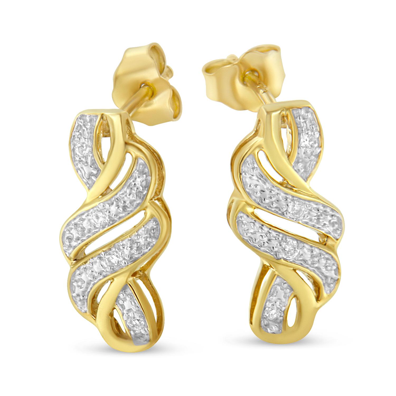 Contemporary Yellow Gold Plated Sterling Silver 1/10 Carat Diamond Swirl Earrings For Sale