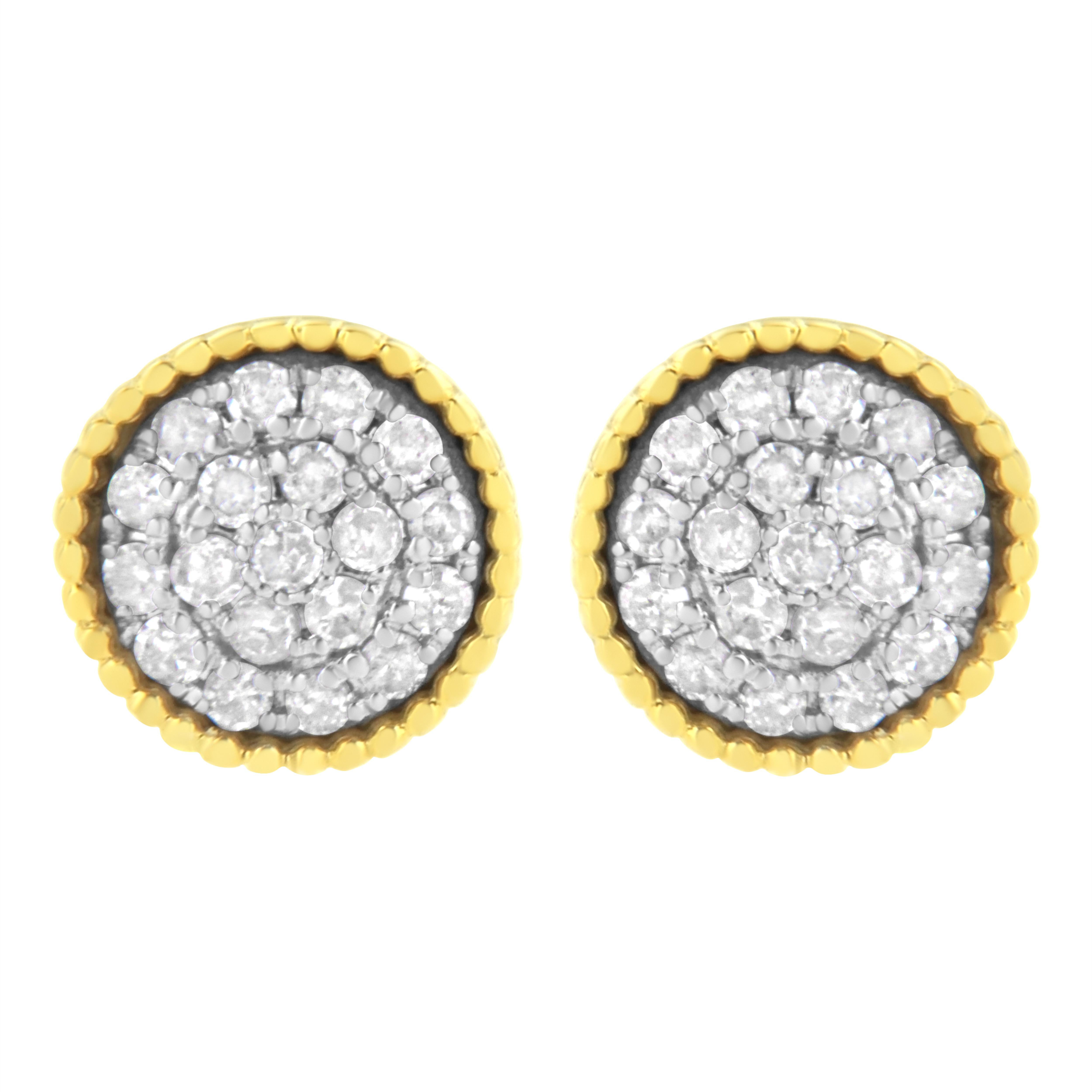 These timeless diamond cluster earrings are woven together with weaves of  .925 sterling silver and 10k yellow gold plated sterling silver and showcase 1/2ct TDW of diamonds. Each earring holds a cluster of 19 shimmering round cut diamonds framed