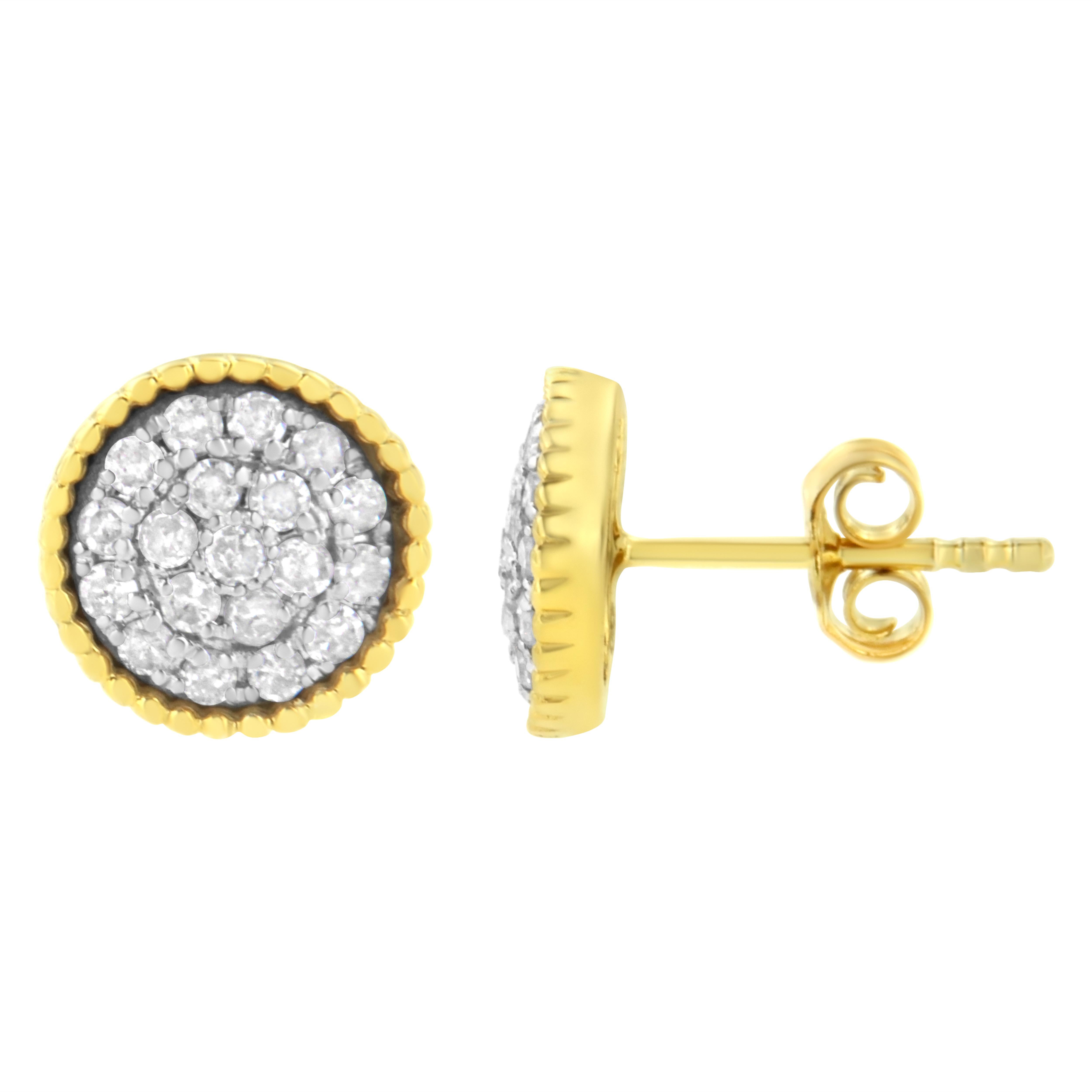 Contemporary Yellow Gold Plated Sterling Silver 1/2 Carat Diamond Milgrained Stud Earring For Sale
