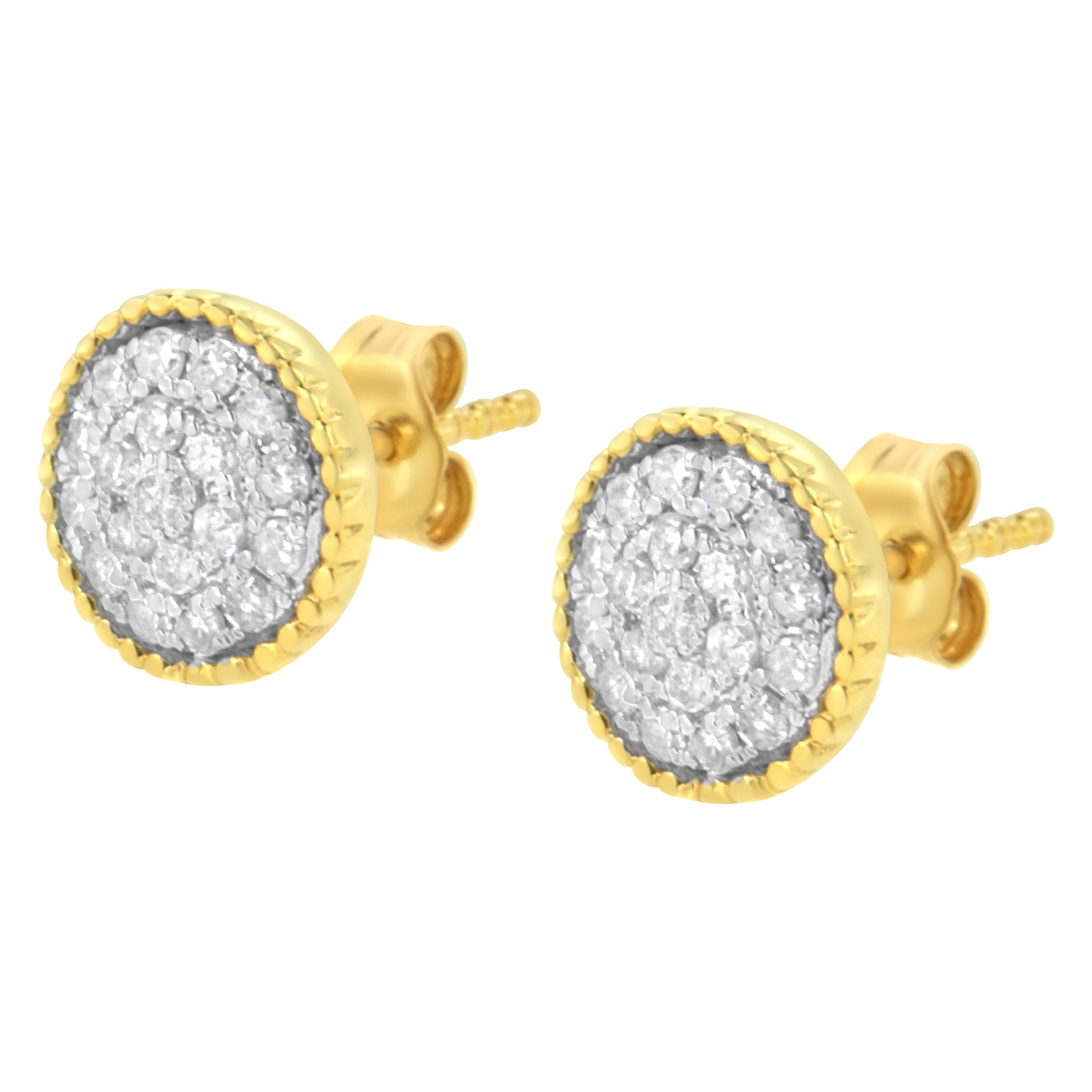 Yellow Gold Plated Sterling Silver 1/2 Carat Diamond Milgrained Stud Earring In New Condition For Sale In New York, NY