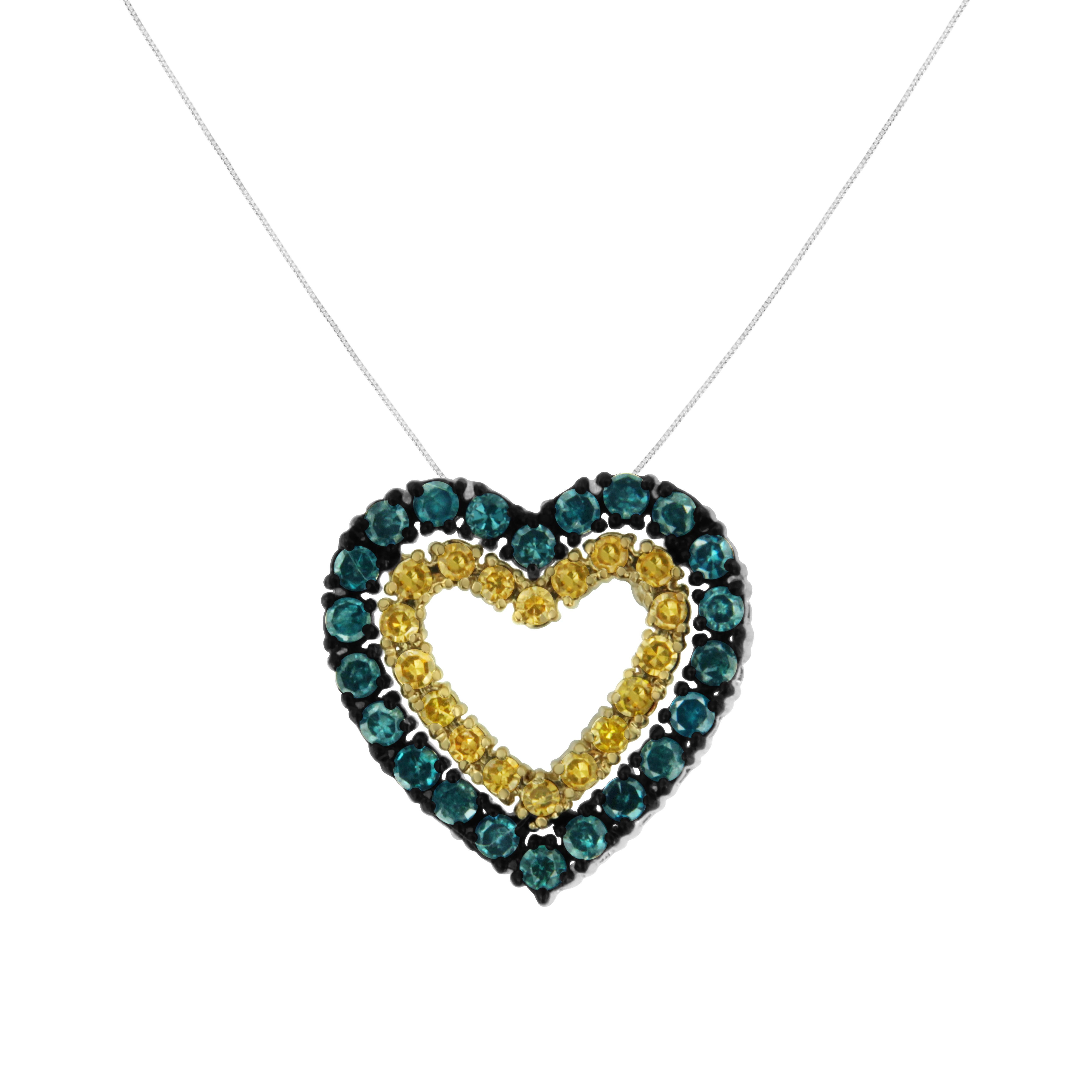 Celebrate love with this 14k yellow gold plated .925 sterling silver pendant. This open double-heart design dazzles with color treated blue and yellow round cut diamonds. 1/2 cttw of diamonds twinkle in this pendant that suspends from a rope chain